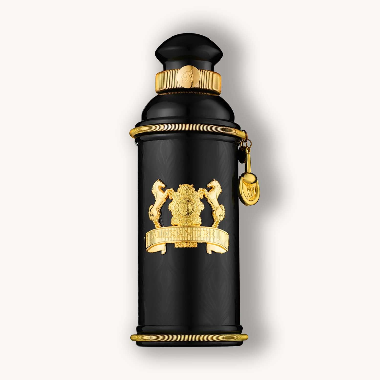 Alt text: A sleek black fragrance bottle of Alexandre.J Black Muscs, featuring ornate gold detailing and a distinctive design with a lion and horse emblem.