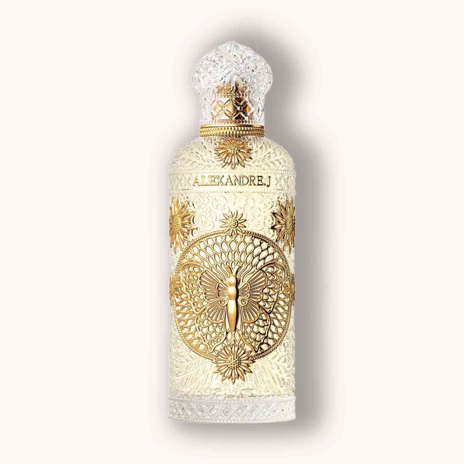 Alt text: A beautifully designed perfume bottle from Alexandre.J, featuring intricate gold butterfly and floral motifs, capturing an elegant and luxurious aesthetic.