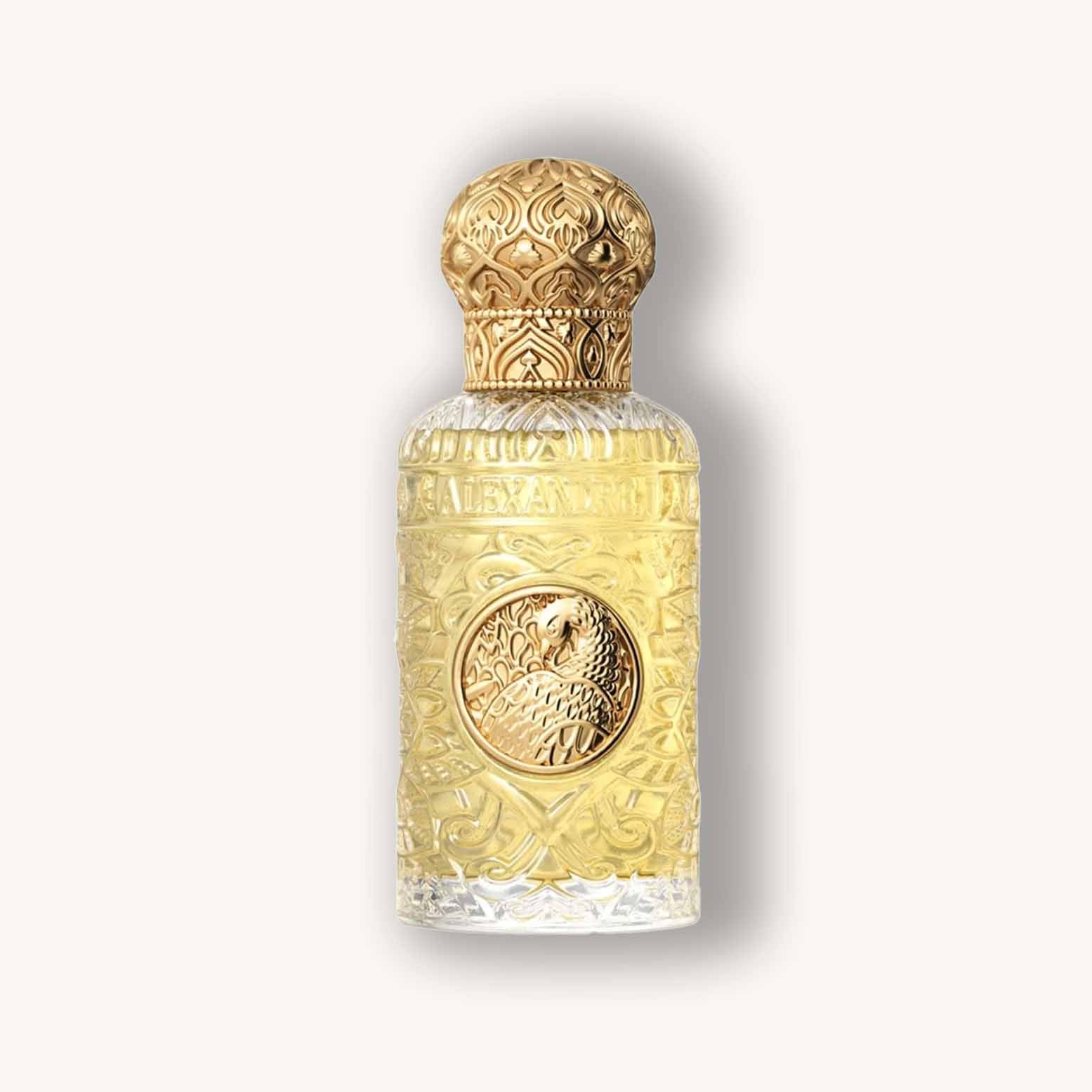 Alt text: A luxurious bottle of Alexandre.J Imperial Peacock Extract, featuring intricate gold detailing and a distinctive peacock emblem, set against a soft beige background.