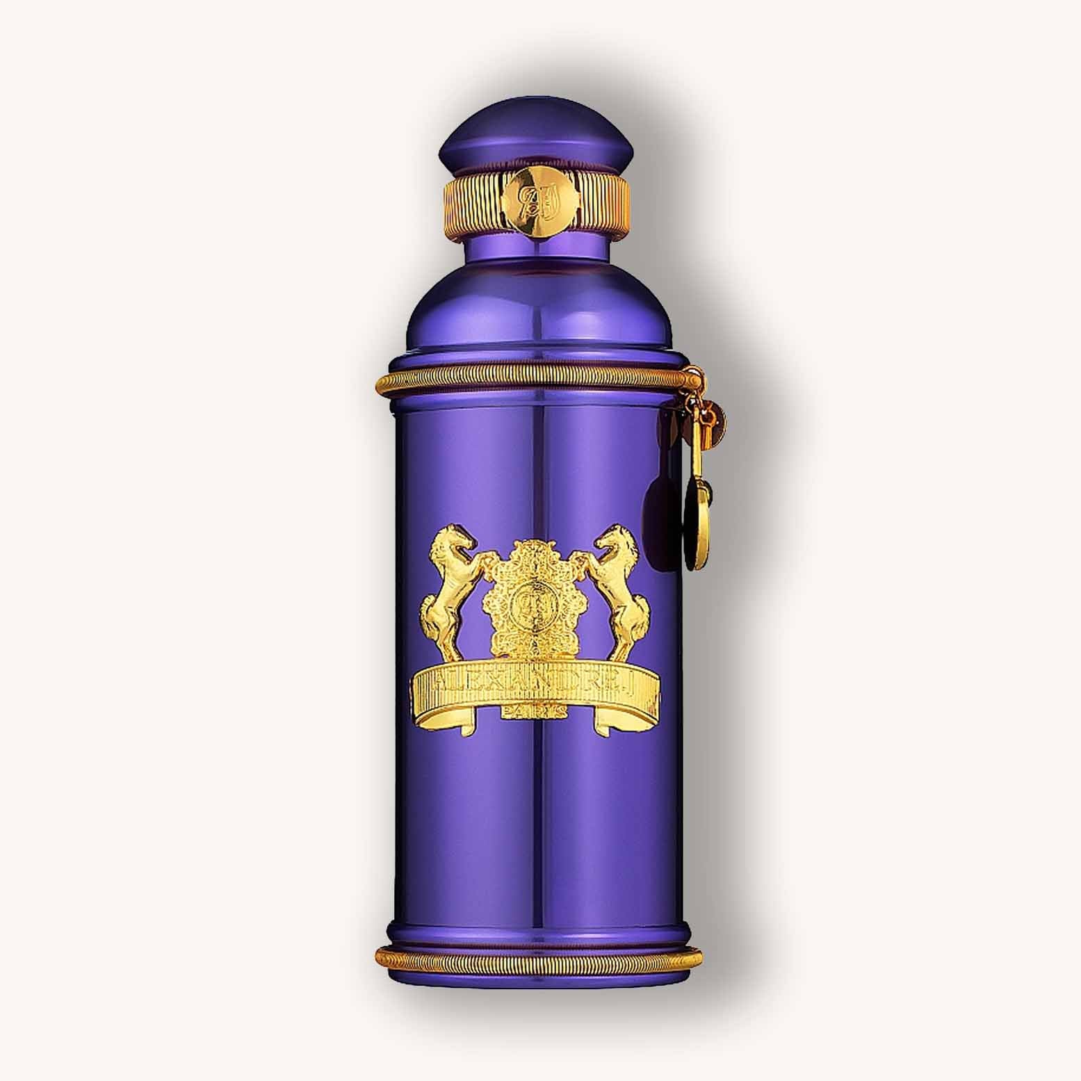 Alt text: A luxurious purple perfume bottle of Alexandre.J Iris Violet, adorned with gold accents and a decorative lion emblem, exuding elegance and sophistication.