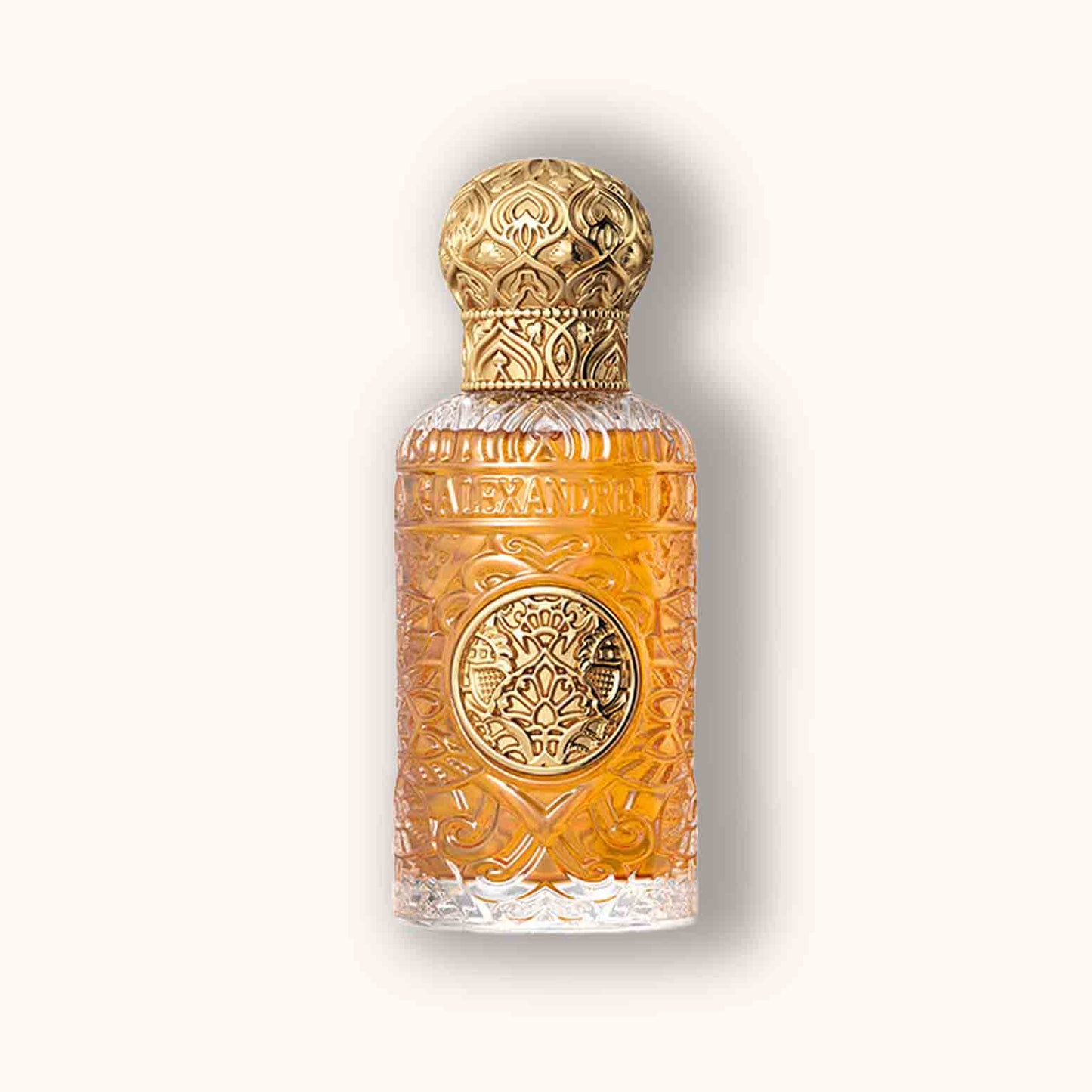 Alt text: A beautifully designed bottle of Alexandre.J Ode to Rose Extract, featuring intricate gold detailing and a rich amber liquid inside. The elegant shape and ornamental cap highlight its luxurious fragrance.
