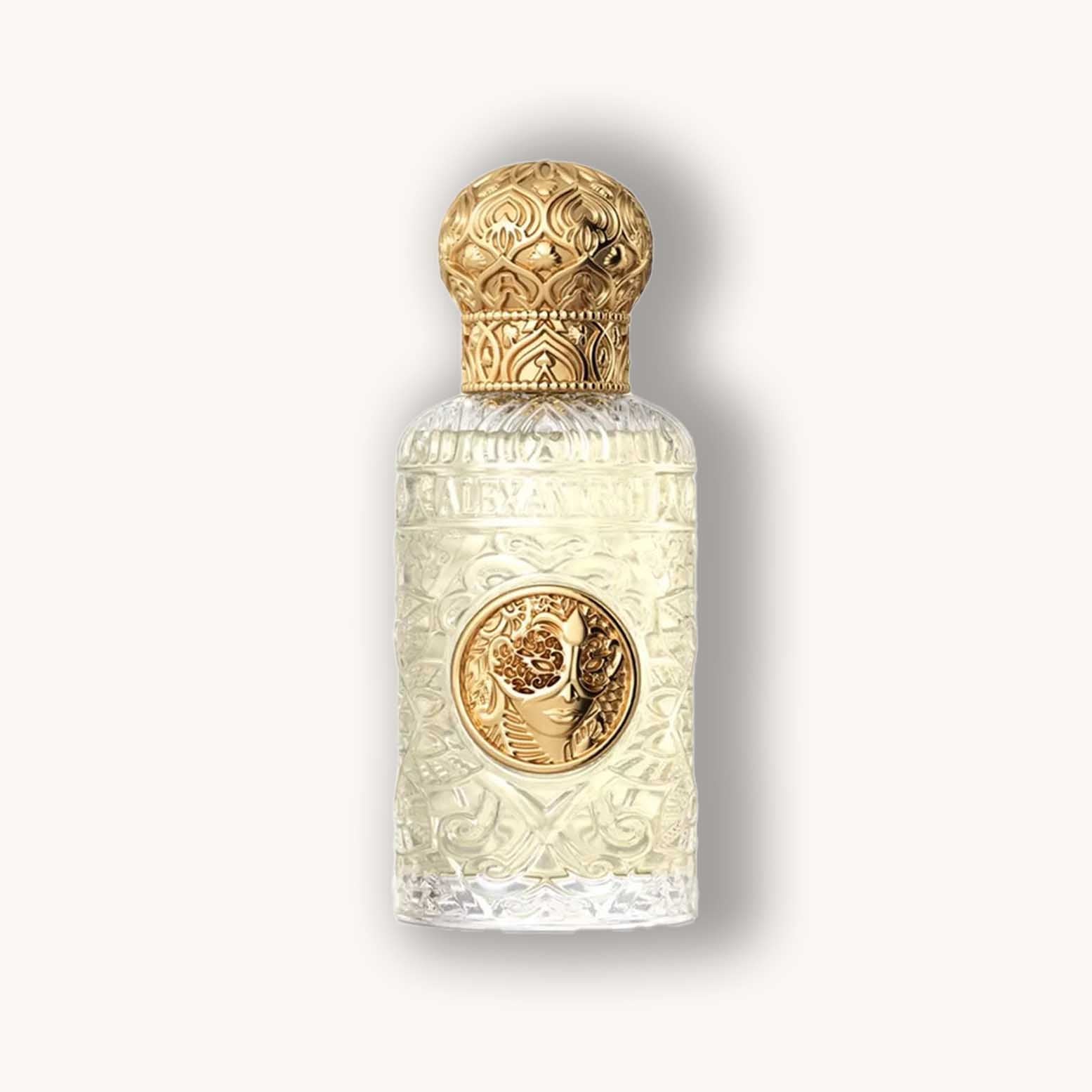 Alt text: A luxurious bottle of Alexandre.J Oriental Enigma Extract, featuring an intricate, gold-embossed cap and ornate design on the glass, reflecting elegance and sophistication.