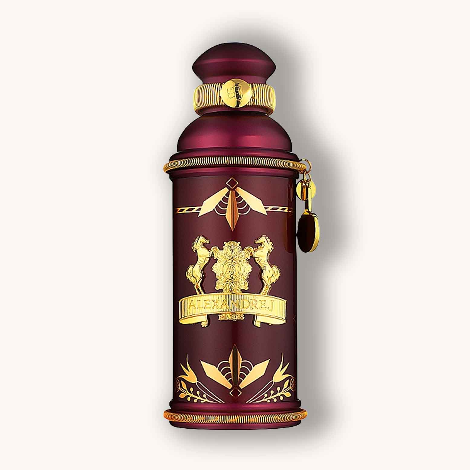 Alt tag: A luxurious bottle of Alexandre.J Rose Alba, featuring an ornate design with deep burgundy and gold accents, elegantly shaped like an antique flask.
