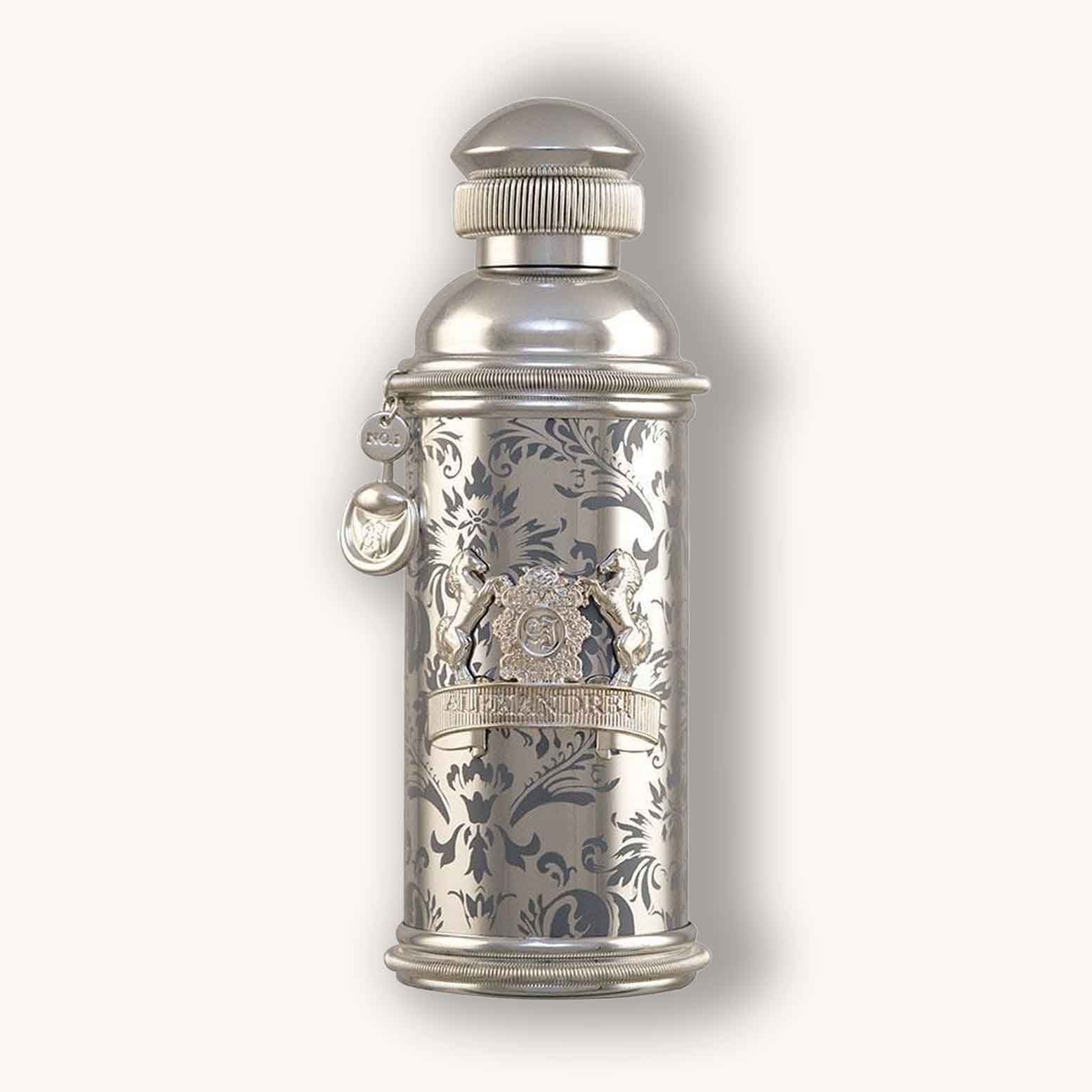 Elegant bottle of Alexandre.J Silver Ombre perfume, featuring an ornate silver design and a decorative top. The intricate detailing showcases a blend of luxury and sophistication.