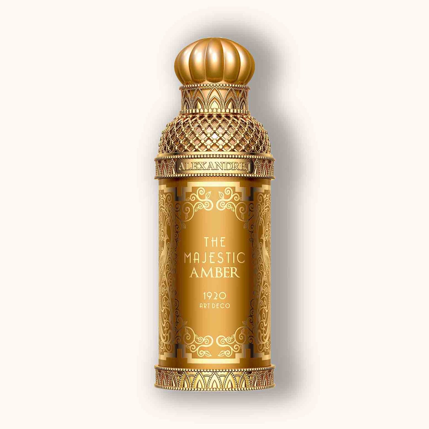 Alt tag: A luxurious bottle of Alexandre.J The Majestic Amber perfume, featuring an ornate gold design with an Art Deco style cap, showcasing elegance and sophistication.