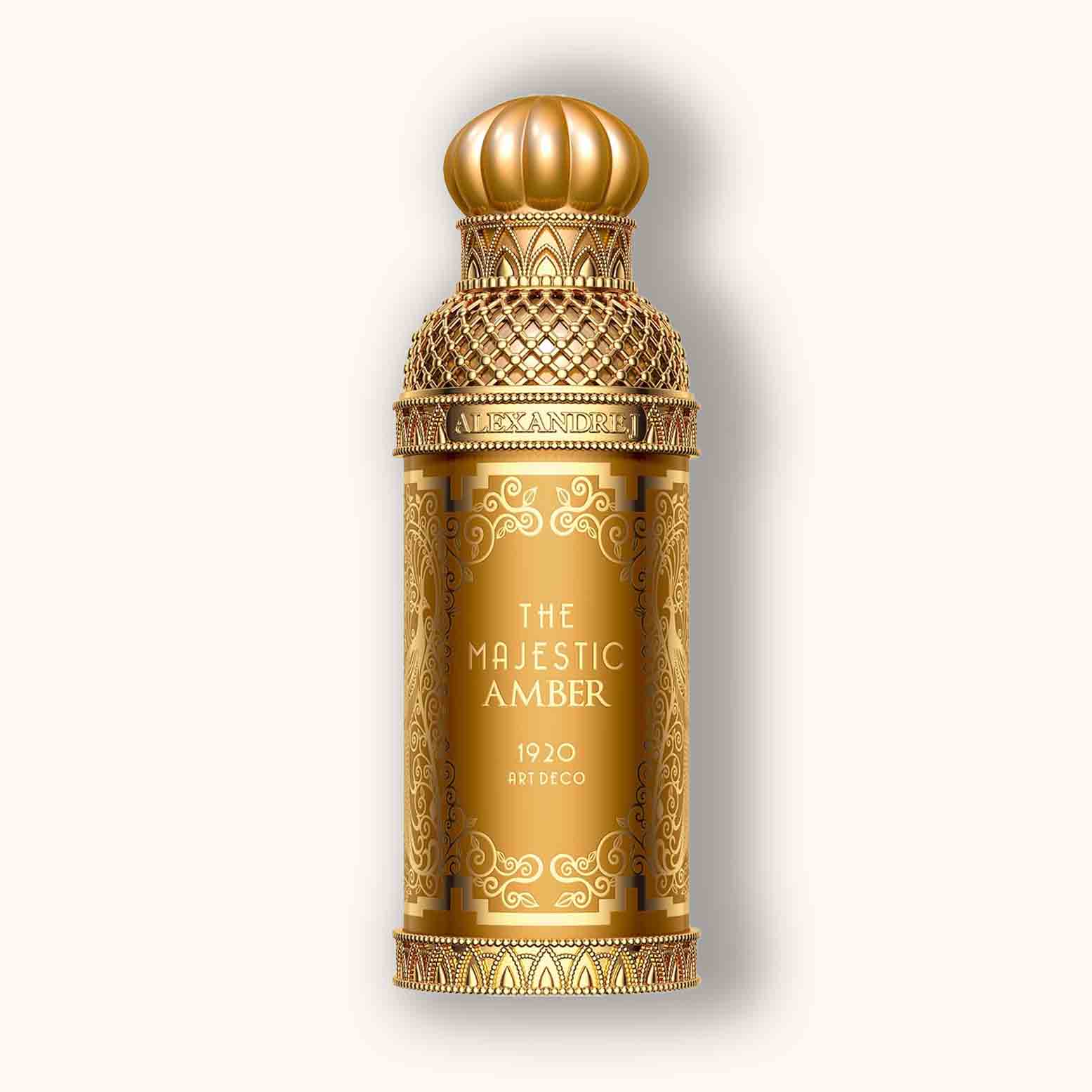 Alt tag: A luxurious bottle of Alexandre.J The Majestic Amber perfume, featuring an ornate gold design with an Art Deco style cap, showcasing elegance and sophistication.