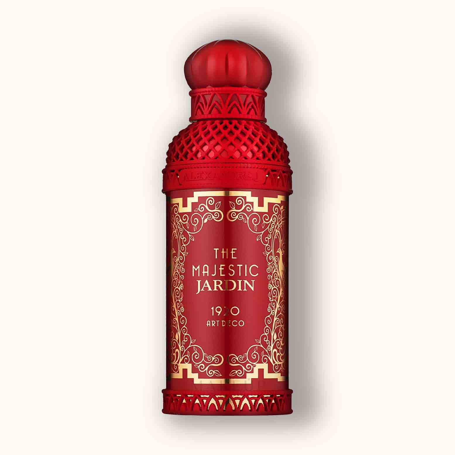Alt text: A richly designed red bottle of Alexandre.J The Majestic Jardin perfume, featuring intricate gold detailing and an ornate cap, exuding a luxurious and exotic appearance.