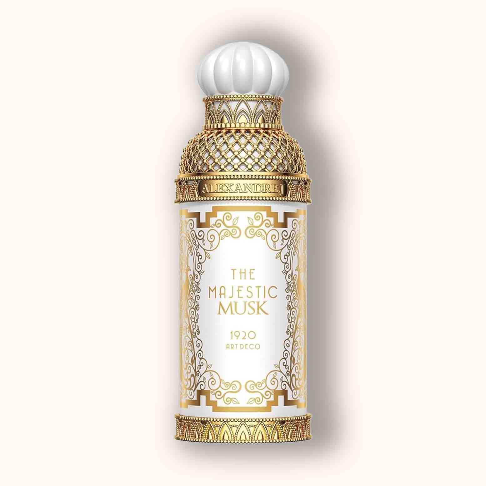 Alt tag: A luxurious bottle of Alexandre.J The Majestic Musk, featuring an ornate gold and white design with an elegant art deco style and a distinctive cap resembling a crown.