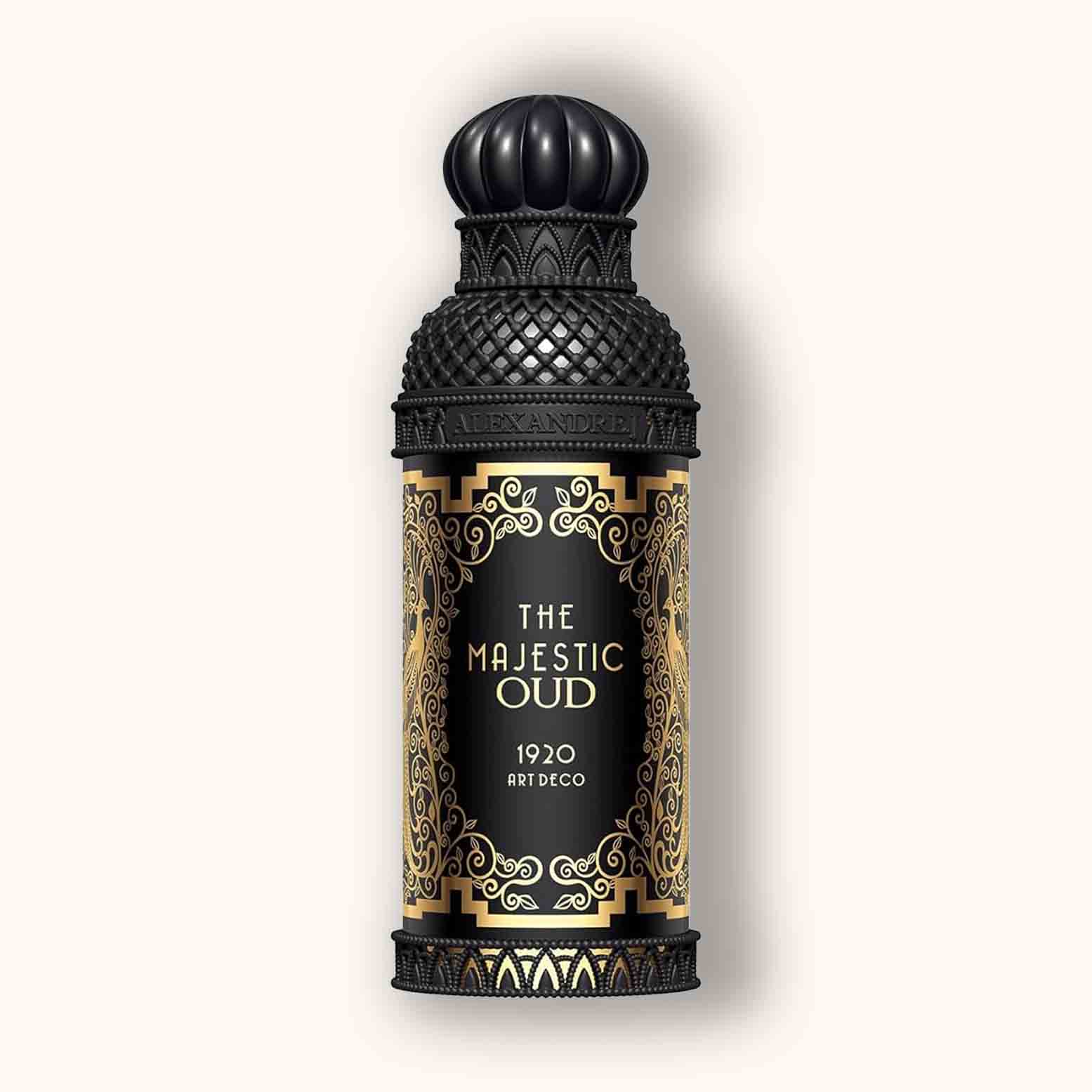 Alt text: A luxurious bottle of Alexandre.J The Majestic Oud perfume, featuring an intricate black and gold Art Deco design with a distinctive ornate cap.