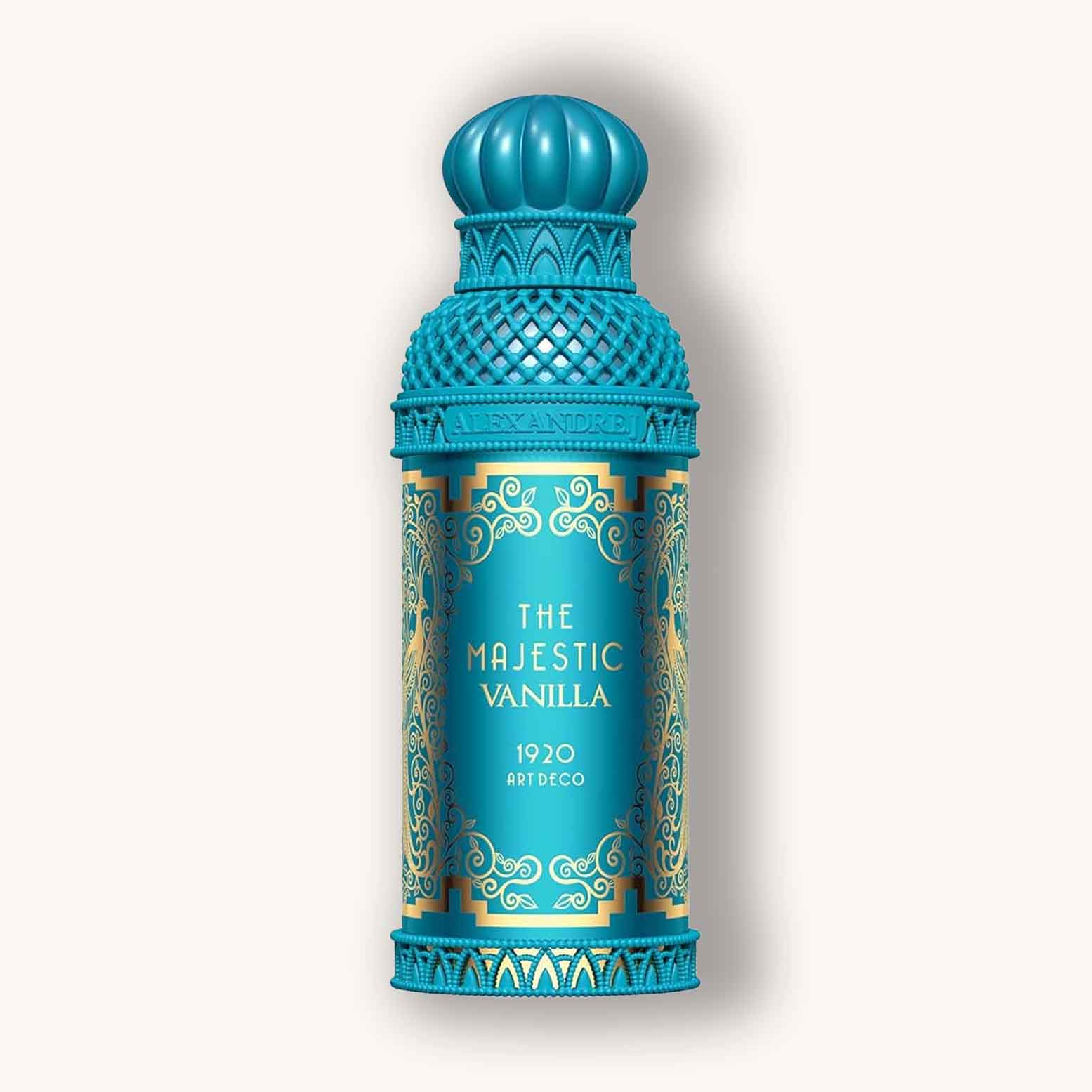 Alt text: A vibrant teal bottle of Alexandre.J The Majestic Vanilla, featuring intricate Art Deco designs and a decorative cap, elegantly showcasing its luxurious and exotic fragrance.