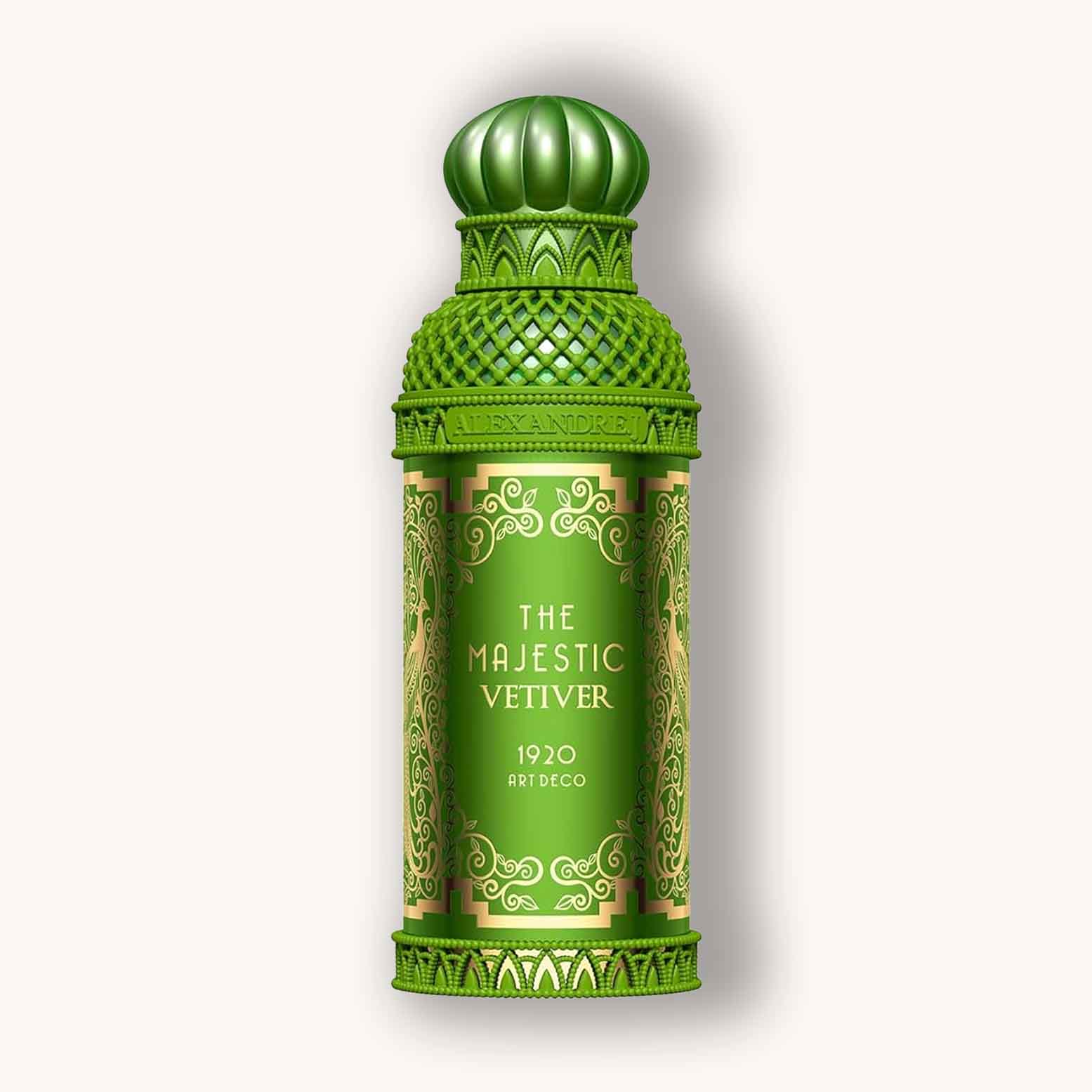 Alt text: A vibrant green bottle of Alexandre.J The Majestic Vetiver, featuring an intricate Art Deco design with decorative patterns and a distinctive cap. The label prominently displays the fragrance name and the year "1920."