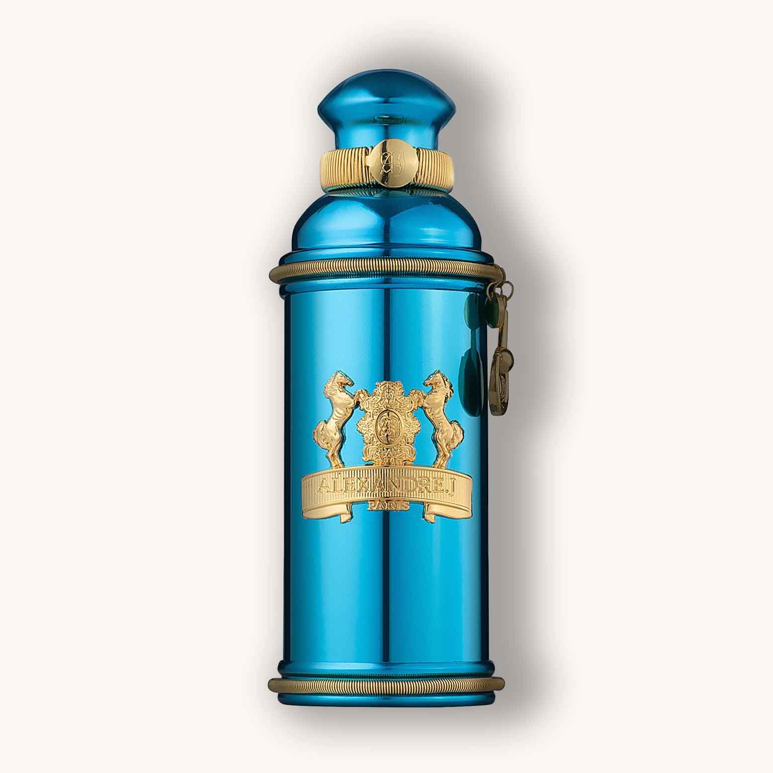 Alt text: A vibrant turquoise perfume bottle of Alexandre.J Mandarine Sultane, featuring elegant gold detailing and a unique design reminiscent of a vintage container.