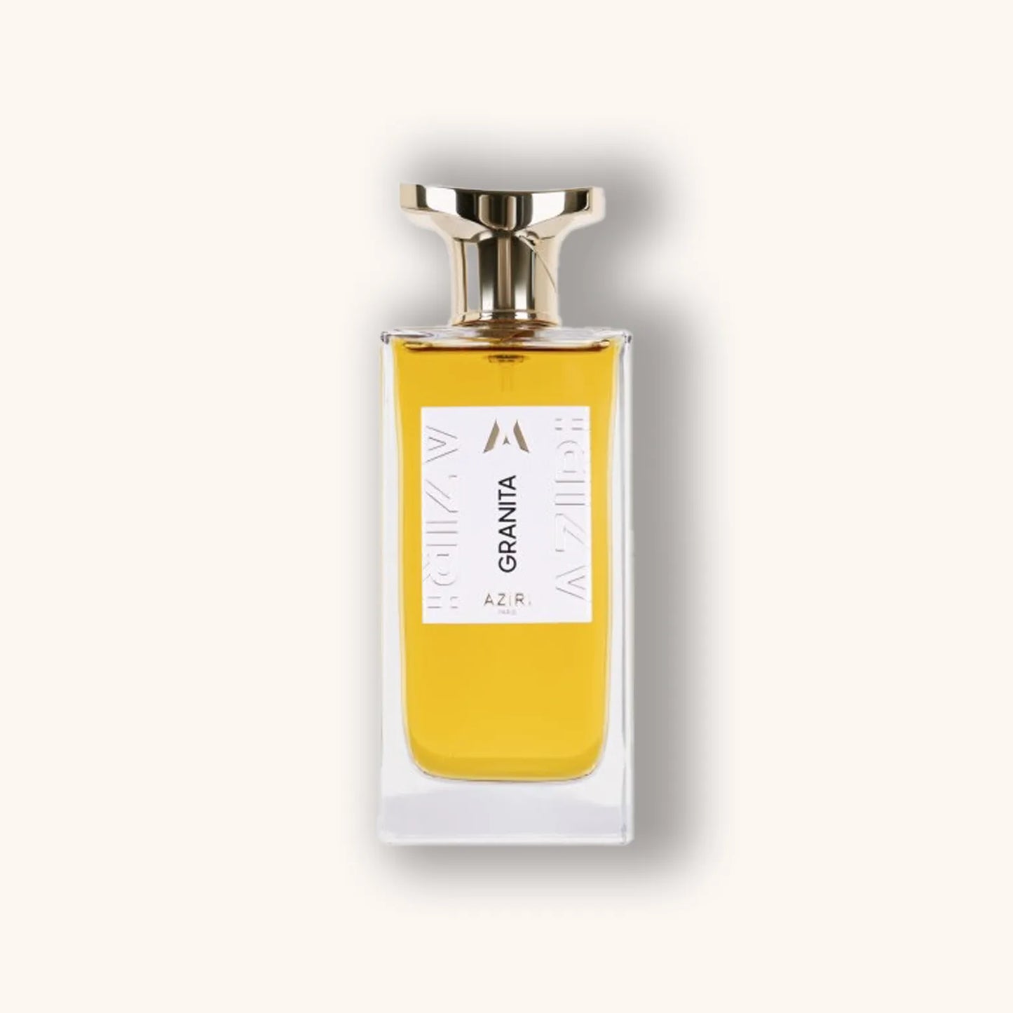 A bottle of Aziri Paris Granita perfume featuring a sleek design with a gold cap and a transparent glass container showcasing the golden liquid inside. The label prominently displays the name "Granita" alongside the brand "Aziri."