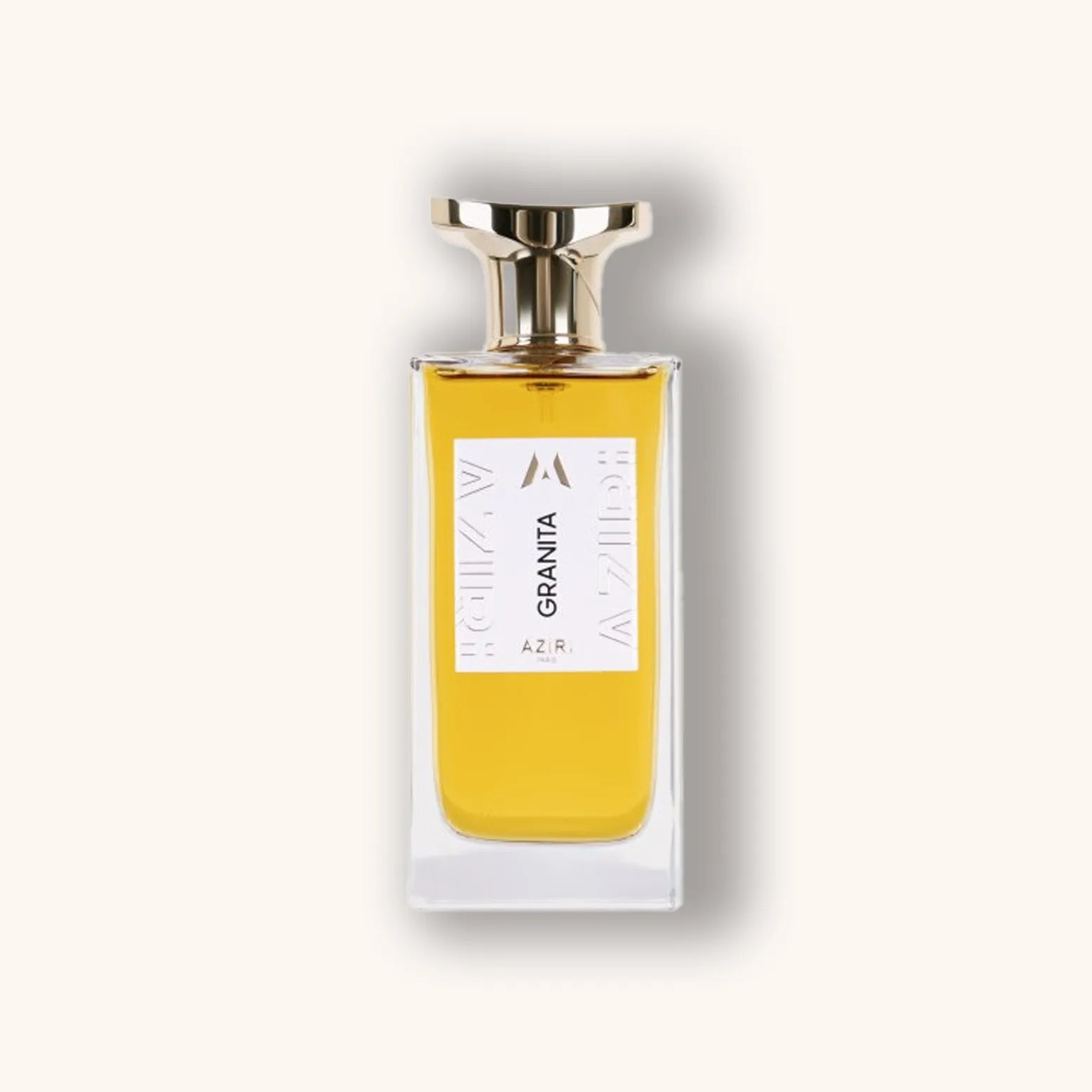 A bottle of Aziri Paris Granita perfume featuring a sleek design with a gold cap and a transparent glass container showcasing the golden liquid inside. The label prominently displays the name "Granita" alongside the brand "Aziri."