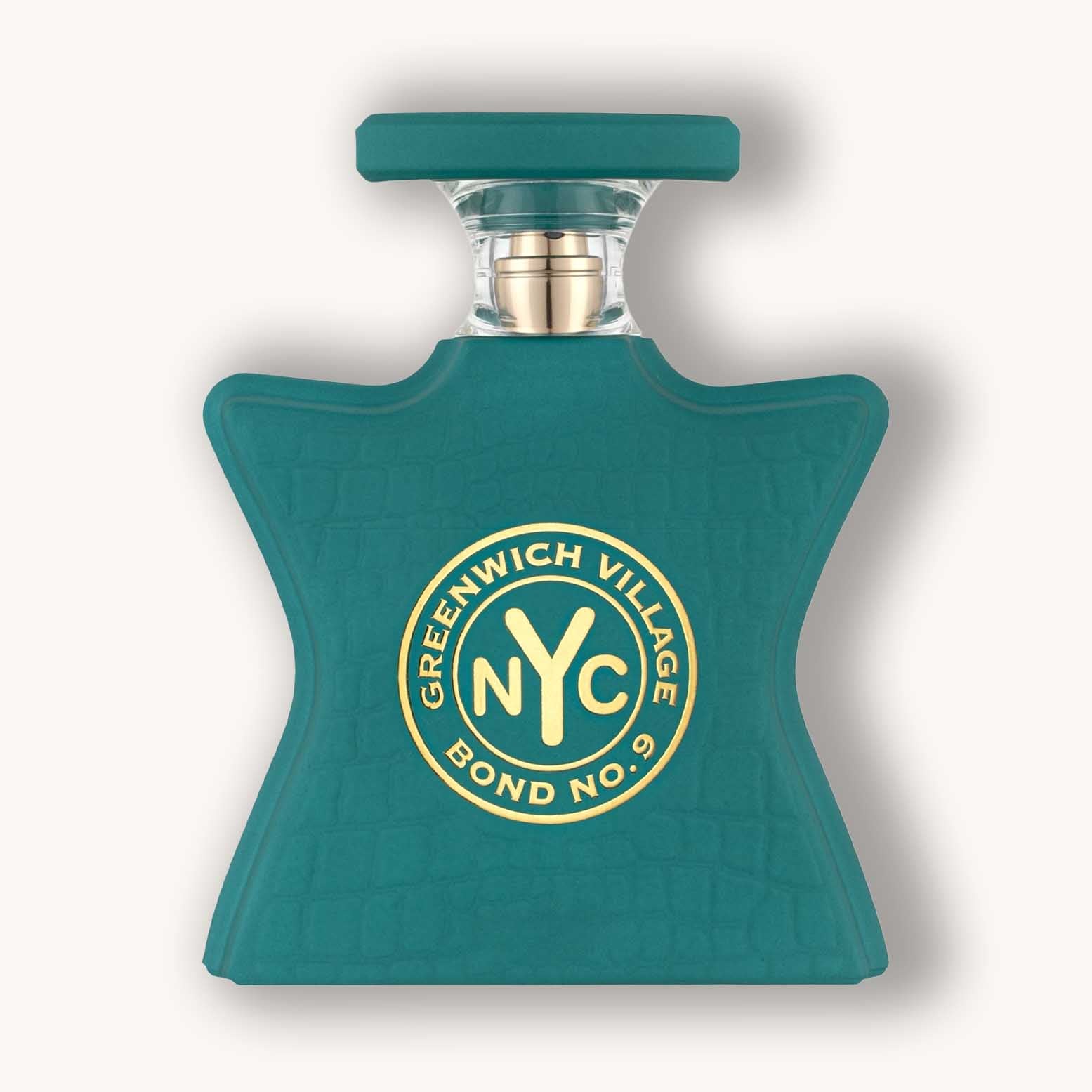 Alt text: A stylish turquoise bottle of Bond No. 9 Greenwich Village perfume, featuring a distinctive star shape and a bold gold logo. The textured surface adds a touch of elegance to the design.