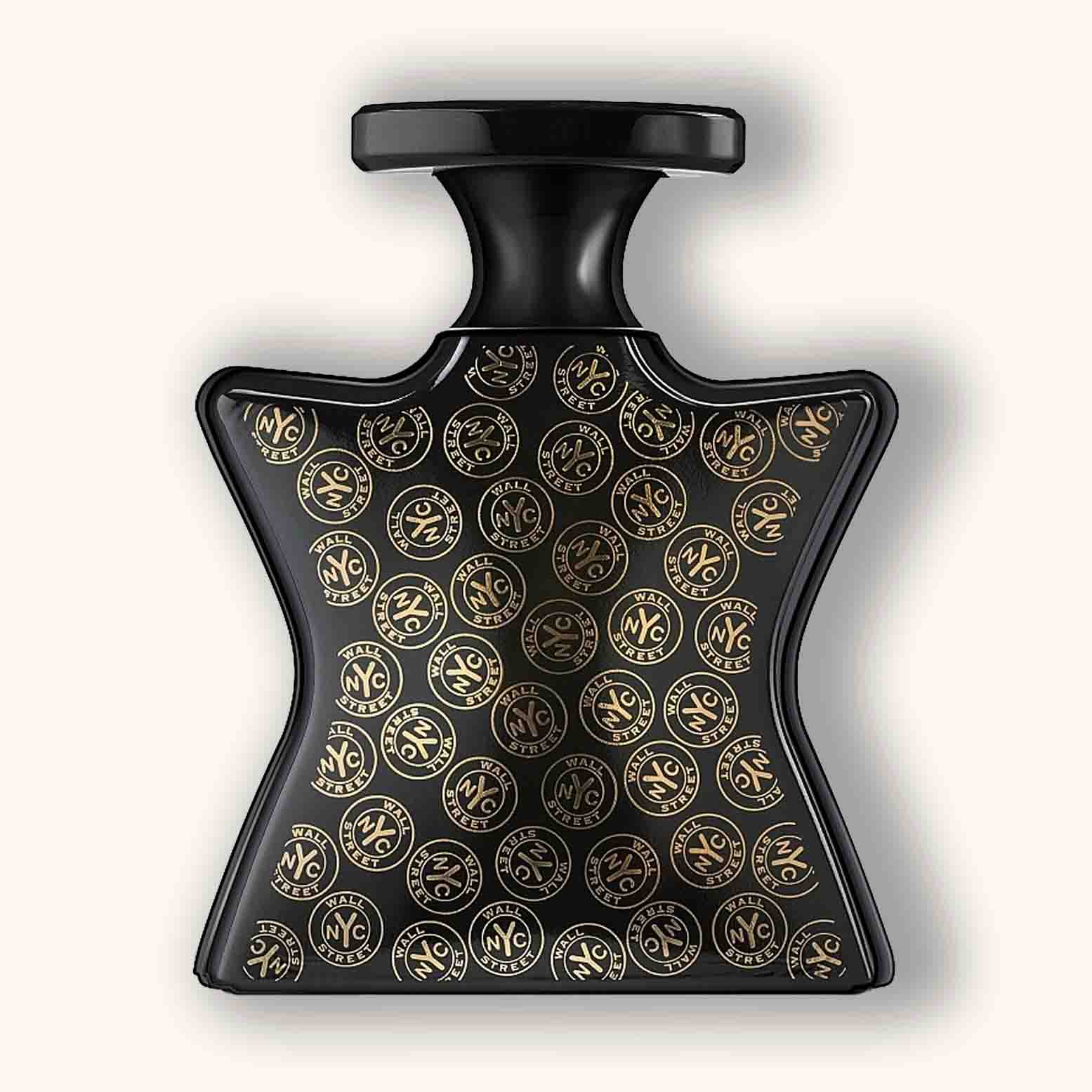 Alt text: A sleek black perfume bottle with a unique star-shaped design, adorned with gold circular logos, representing Bond No.9 Wall Street fragrance.