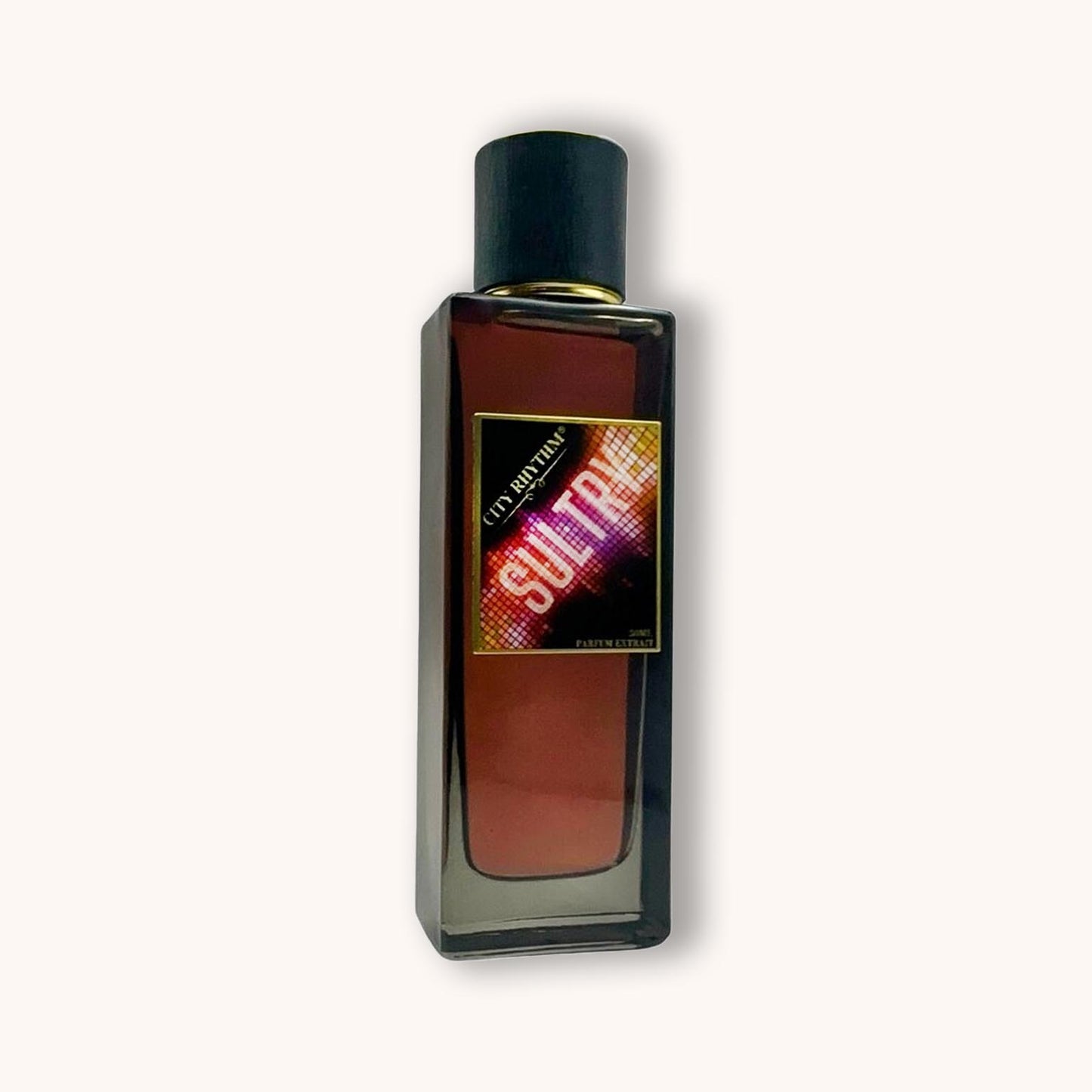 A sleek bottle of City Rhythm Sultry perfume, featuring a dark amber liquid inside and a modern design with bold, colorful graphics on the label. The bottle's cap is black, adding a touch of elegance to the overall look.