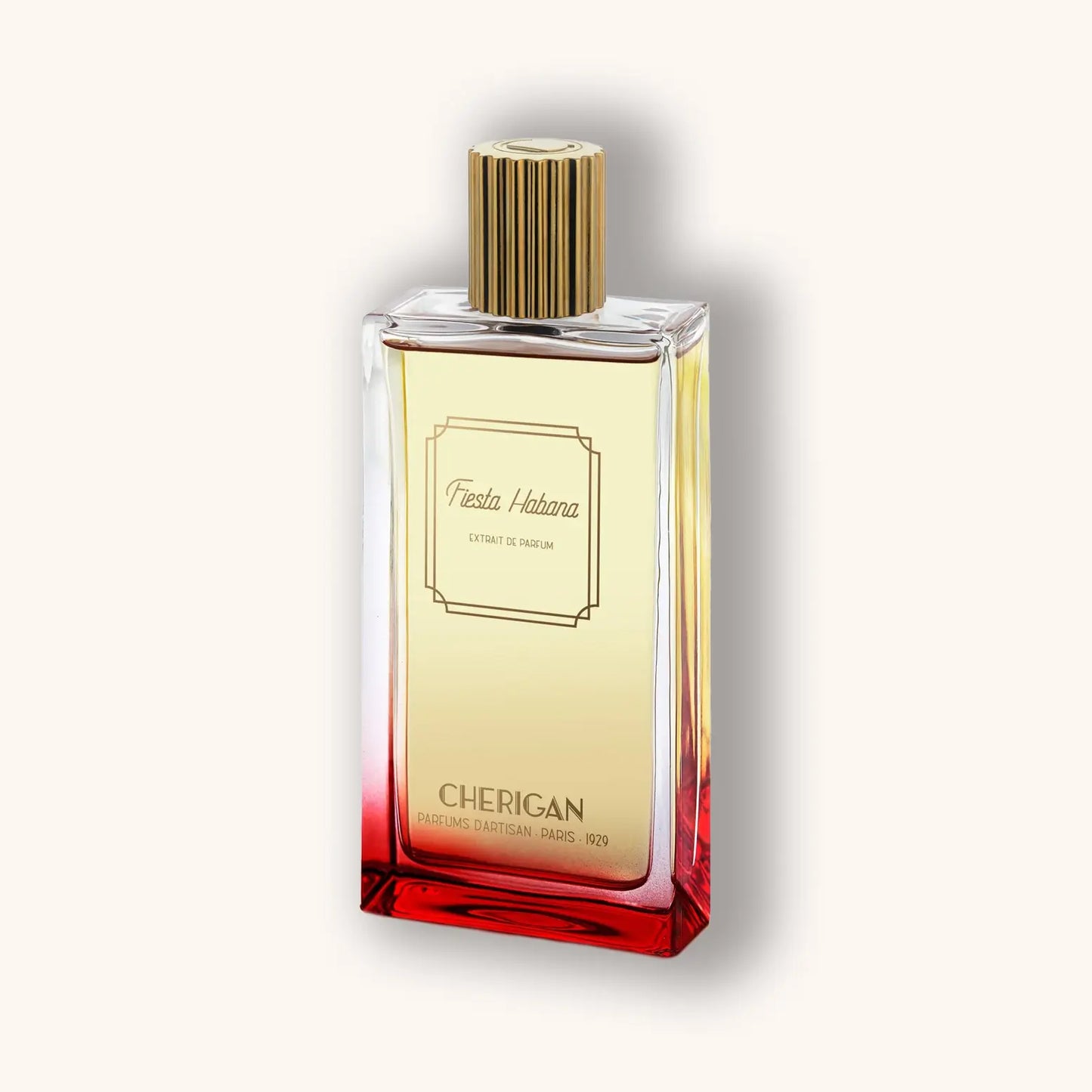 Alt text: A sleek bottle of Cherigan Fiesta Habana perfume, featuring a golden cap and a gradient design from clear to vibrant red at the base, exuding luxury and sophistication.