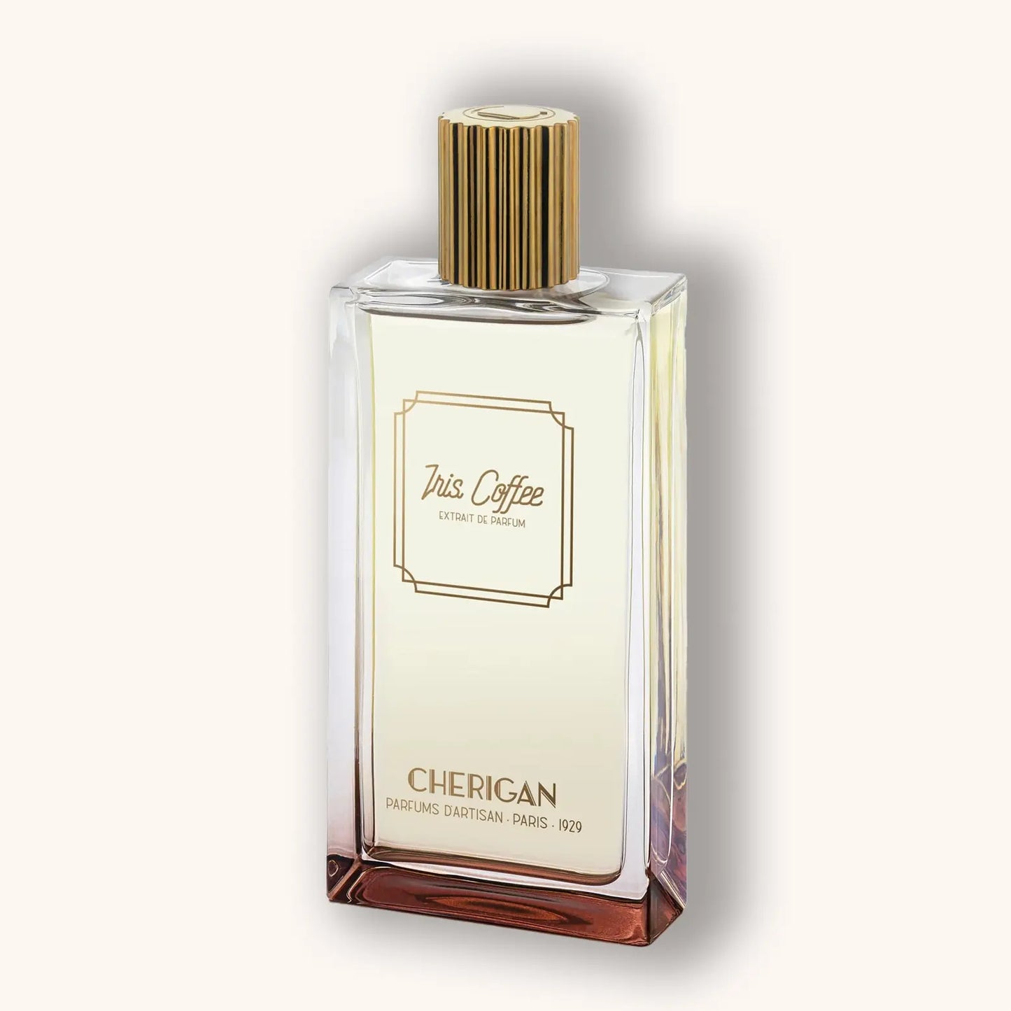 Alt text: A stylish glass bottle of Cherigan Iris Coffee, featuring a golden lid and elegant label, showcasing an extrait de parfum from 1929. The fragrance combines notes of iris and coffee for a unique scent experience.