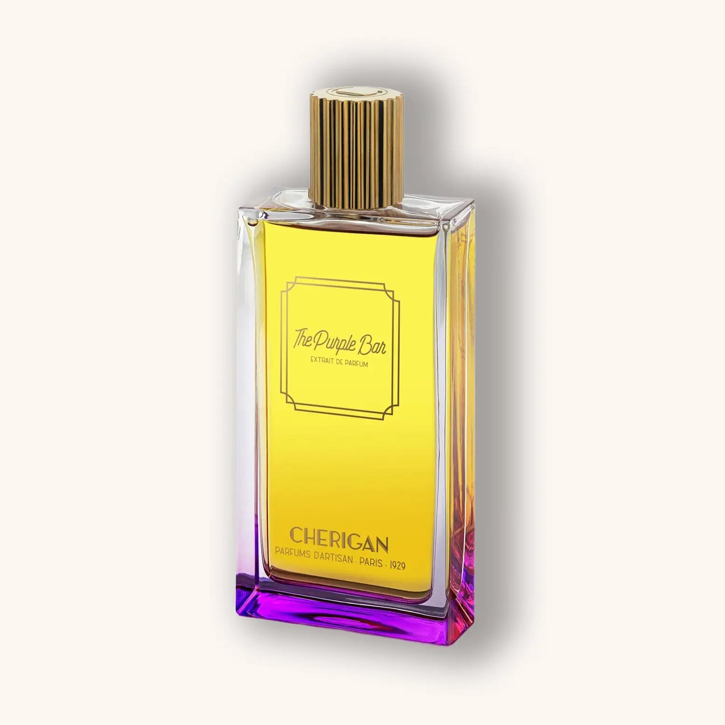 Alt tag: A sleek glass bottle of Cherigan The Purple Bar perfume, featuring a vibrant yellow liquid and a stylish gold cap, elegantly displayed against a soft background.