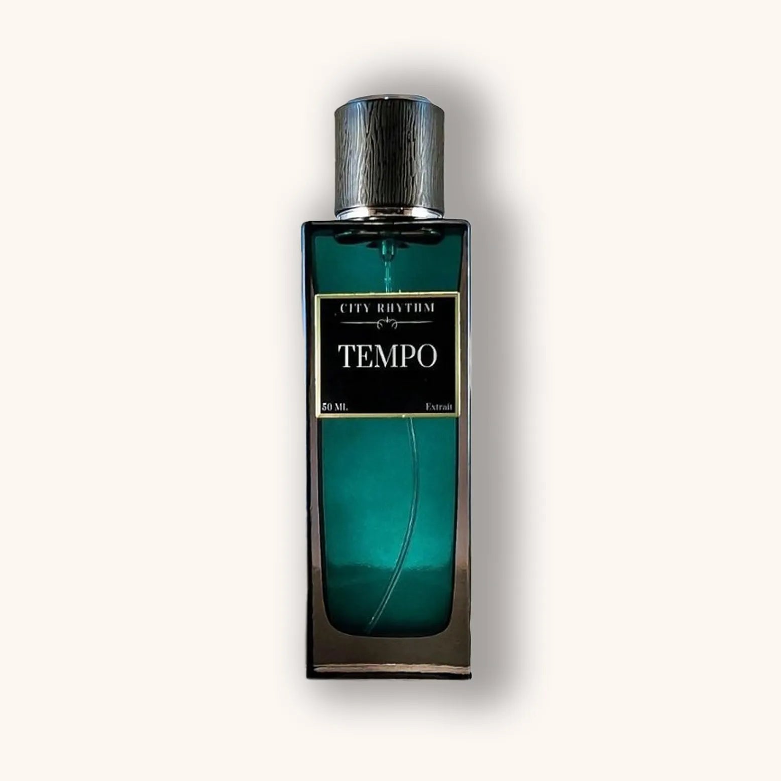 A sleek, rectangular bottle of 'City Rhythm Tempo' perfume, featuring a metallic cap and a dark teal liquid inside. The label prominently displays the name "TEMPO" in elegant lettering.