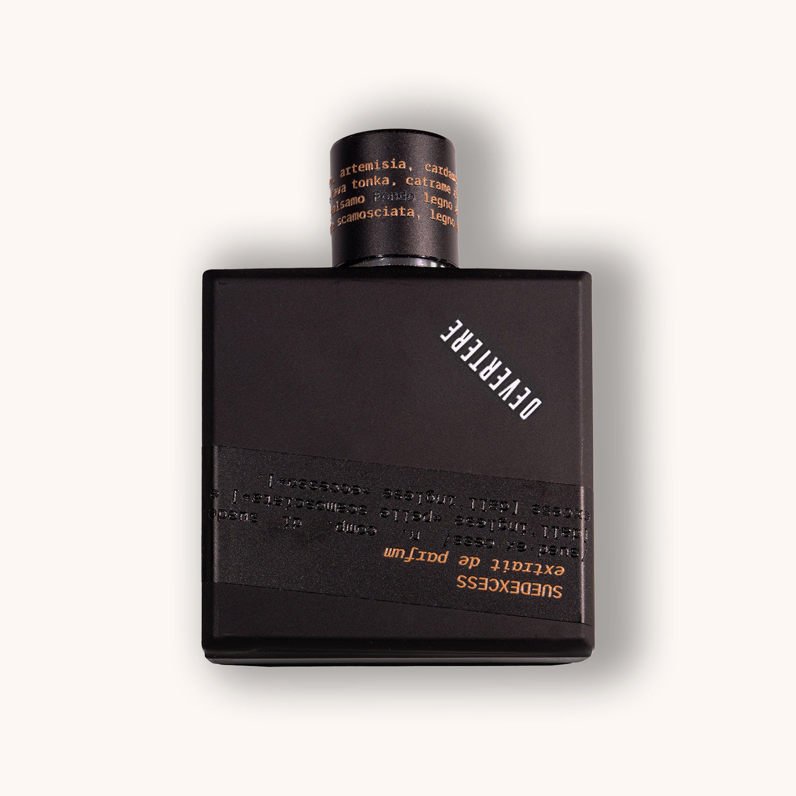 Black perfume bottle of Devertere Suedexcess with gold text on a white background