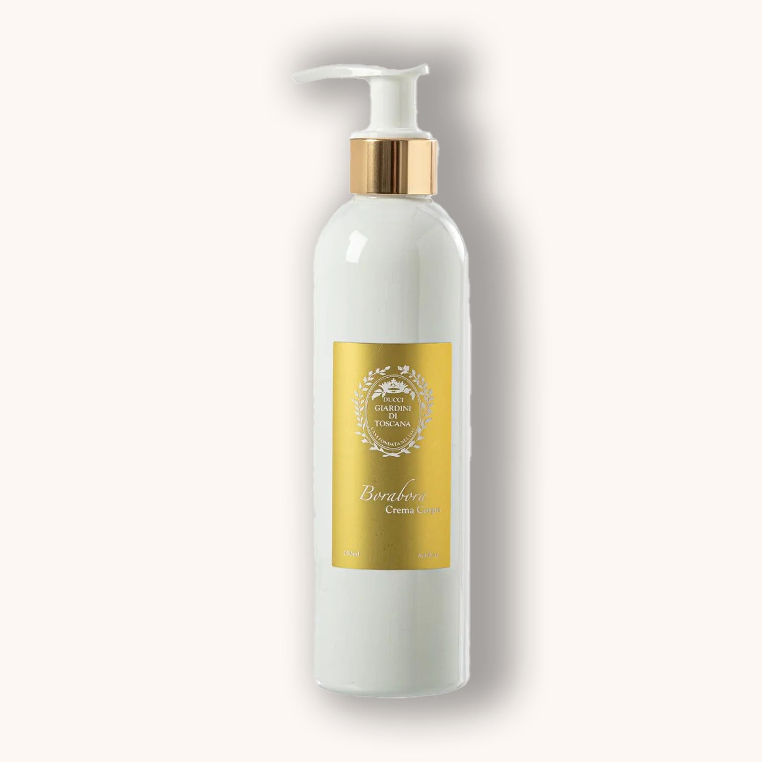 Alt tag: A sleek white bottle of Giardini di Toscana BoraBora Bodycream with a gold label and pump dispenser, showcasing a luxurious skincare product designed for hydrating the body.