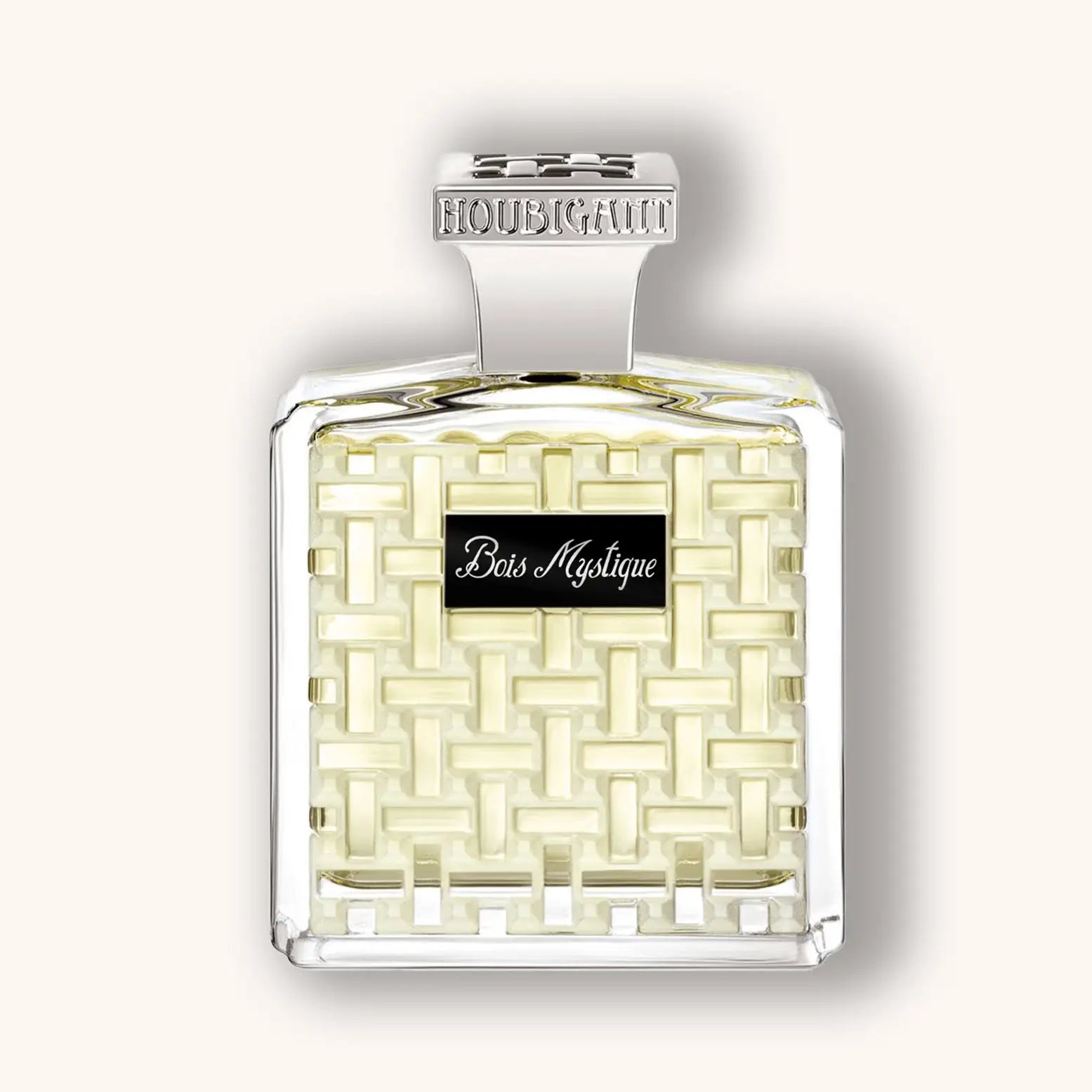 Perfume bottle with 'Bois Mystère' label on a white background