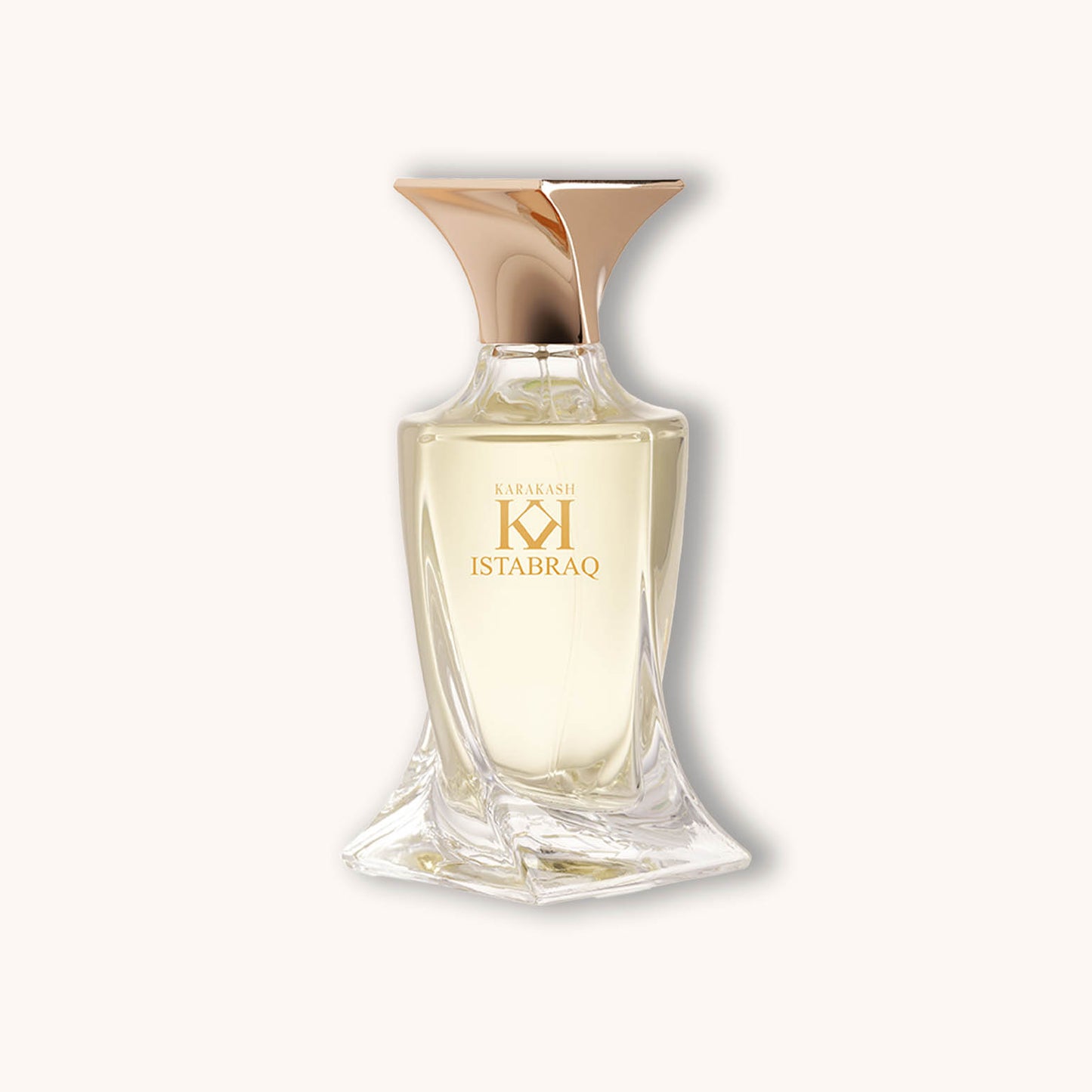Alt text: A elegantly designed perfume bottle of Karakash Istabraq, featuring a unique curved shape and a sleek gold cap, showcasing clear liquid inside.