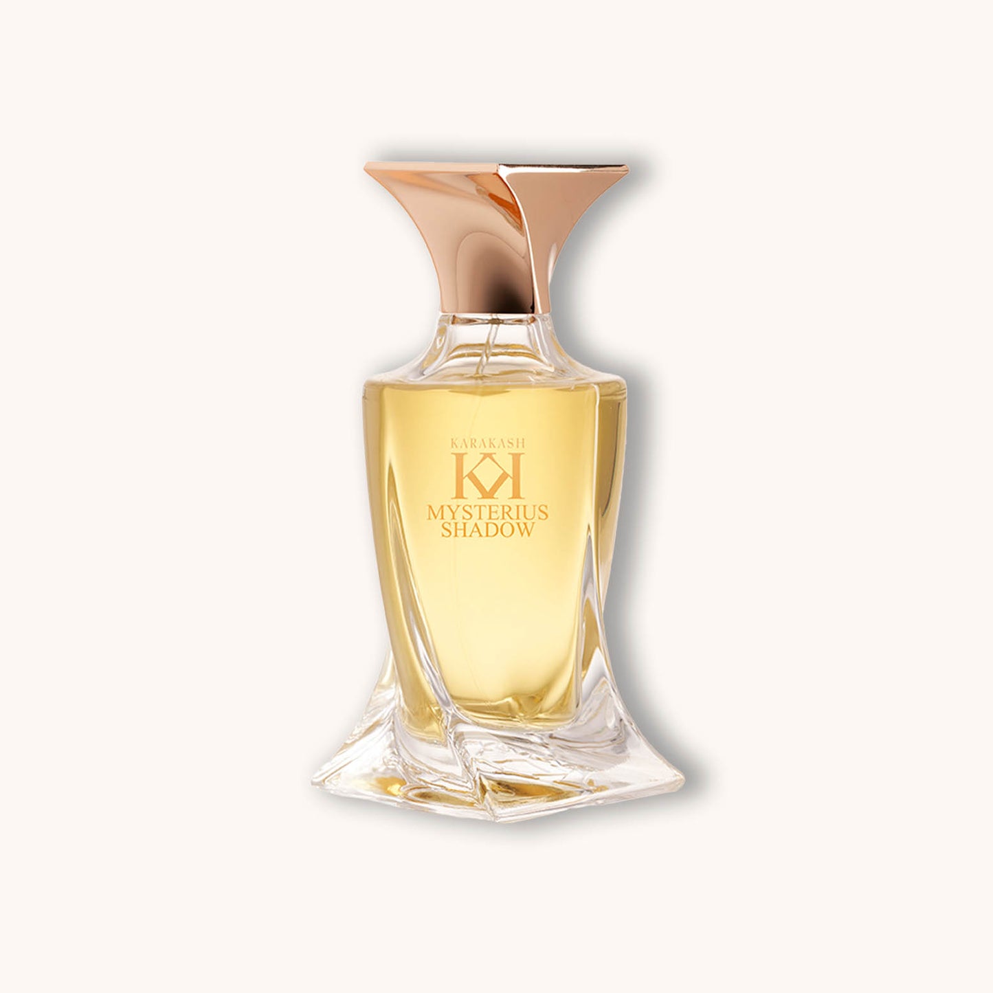 Alt text: A sleek bottle of Karakash Perfume Mysterious Shadow, featuring a unique, curved design and a shiny golden cap, filled with a warm, golden fragrance. The elegant branding is prominently displayed on the front.