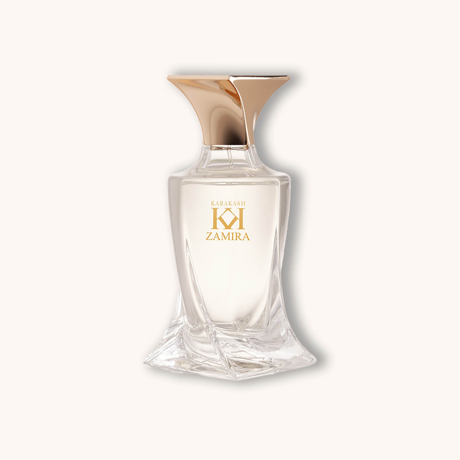 Alt text: A stylish bottle of Karakash Zamira perfume featuring a sleek, modern design with a gold accent on the cap and a clear, angular body.