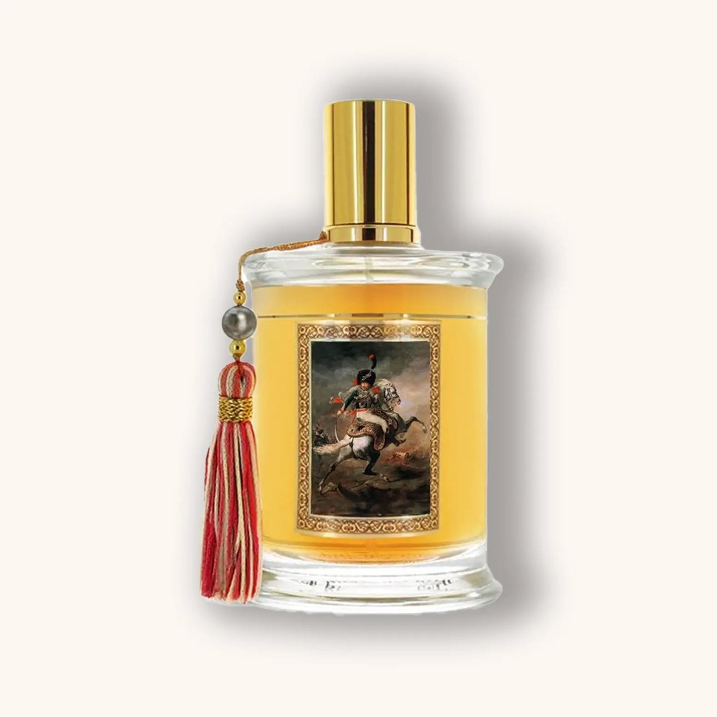 Bottle of MDCI Cuir Cavalier perfume with amber liquid, red tassel, and a baroque painting of a horseman in ornate uniform on the label.
