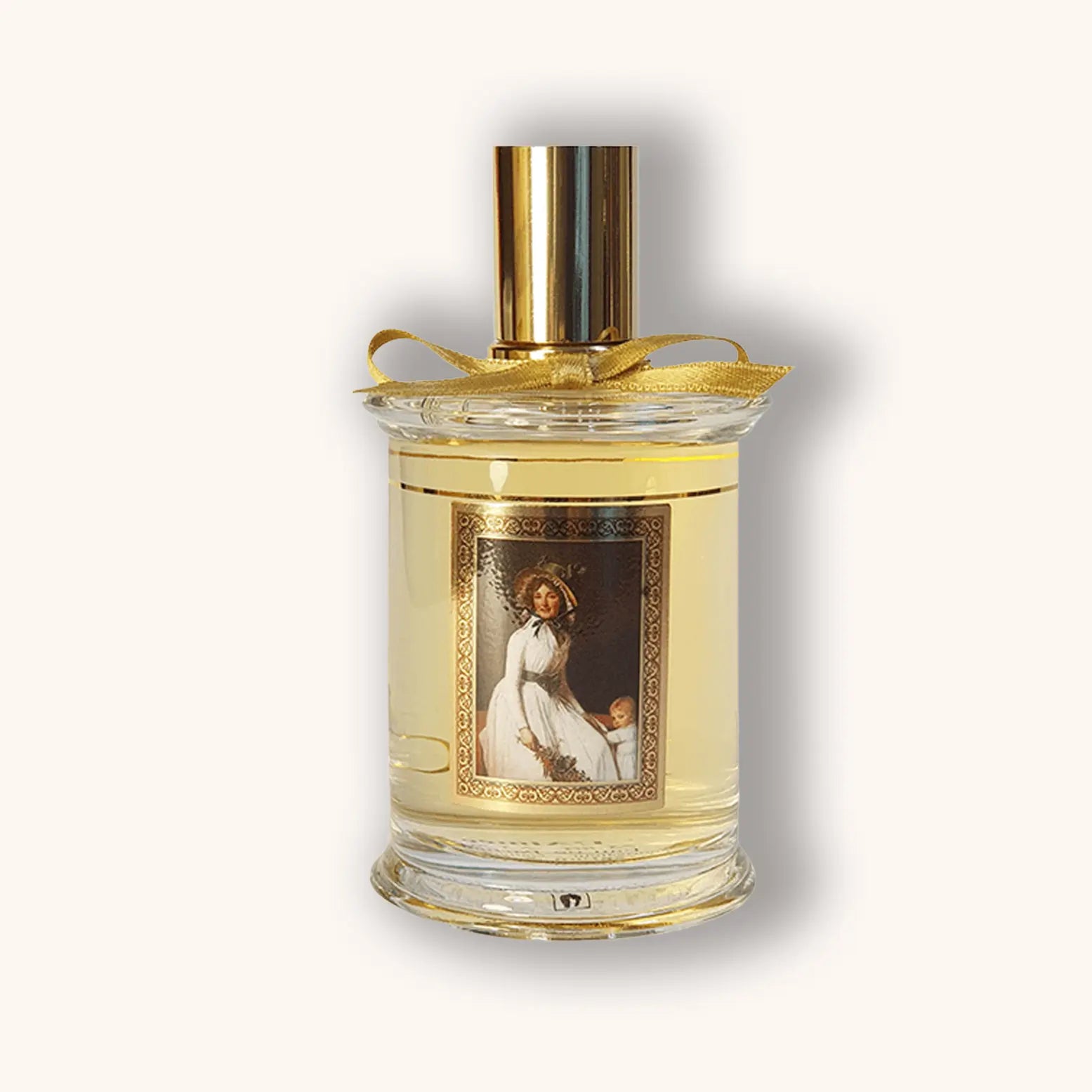 Bottle of MDCI L’Aimée perfume with a light golden liquid, golden ribbon, and a classical portrait of a woman in a white dress on the label