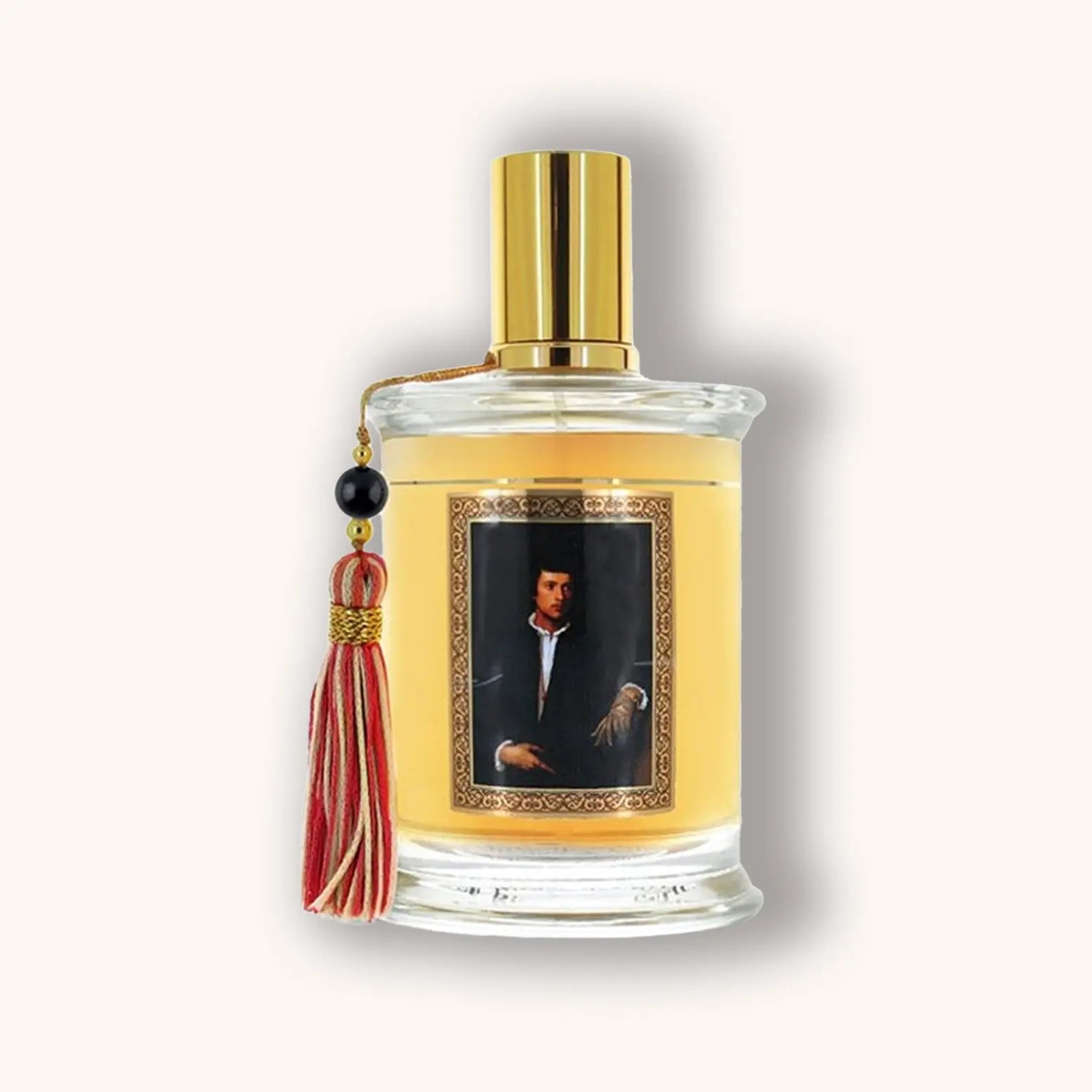 Bottle of MDCI L’Homme Aux Gants perfume with a golden liquid and classical portrait on the label.