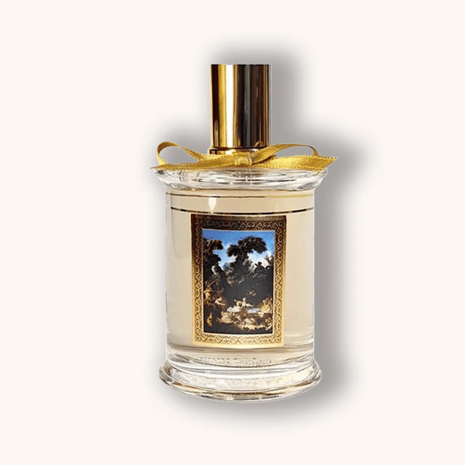 Bottle of MDCI La Surprise perfume featuring a baroque painting label and golden bow.