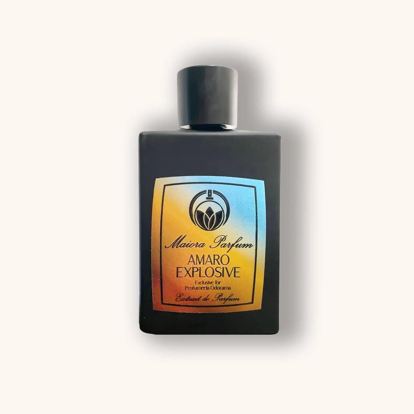 Maiora Parfum Amaro Explosive in a matte black bottle with a warm-toned gradient label featuring orange, blue, and gold hues.