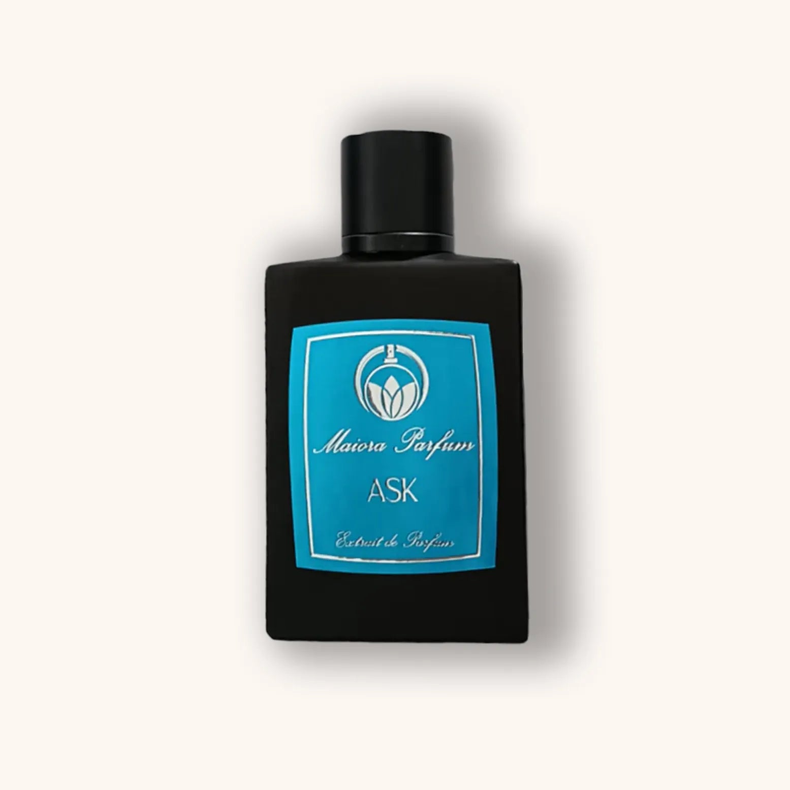 A sleek black bottle of Maiora Parfum Ask, featuring a blue label with the brand name and fragrance title. The design is elegant and modern, showcasing the sophistication of the parfum.