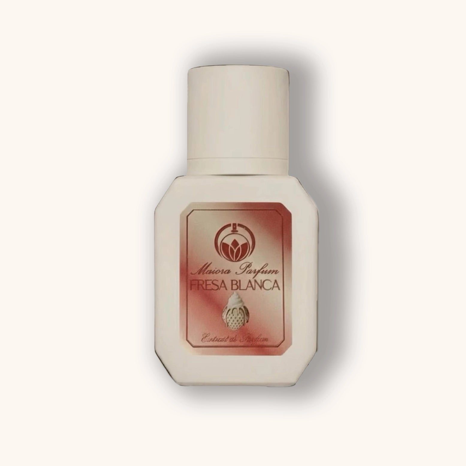 Perfume bottle labeled 'Fresa Blanca' on a light beige background
