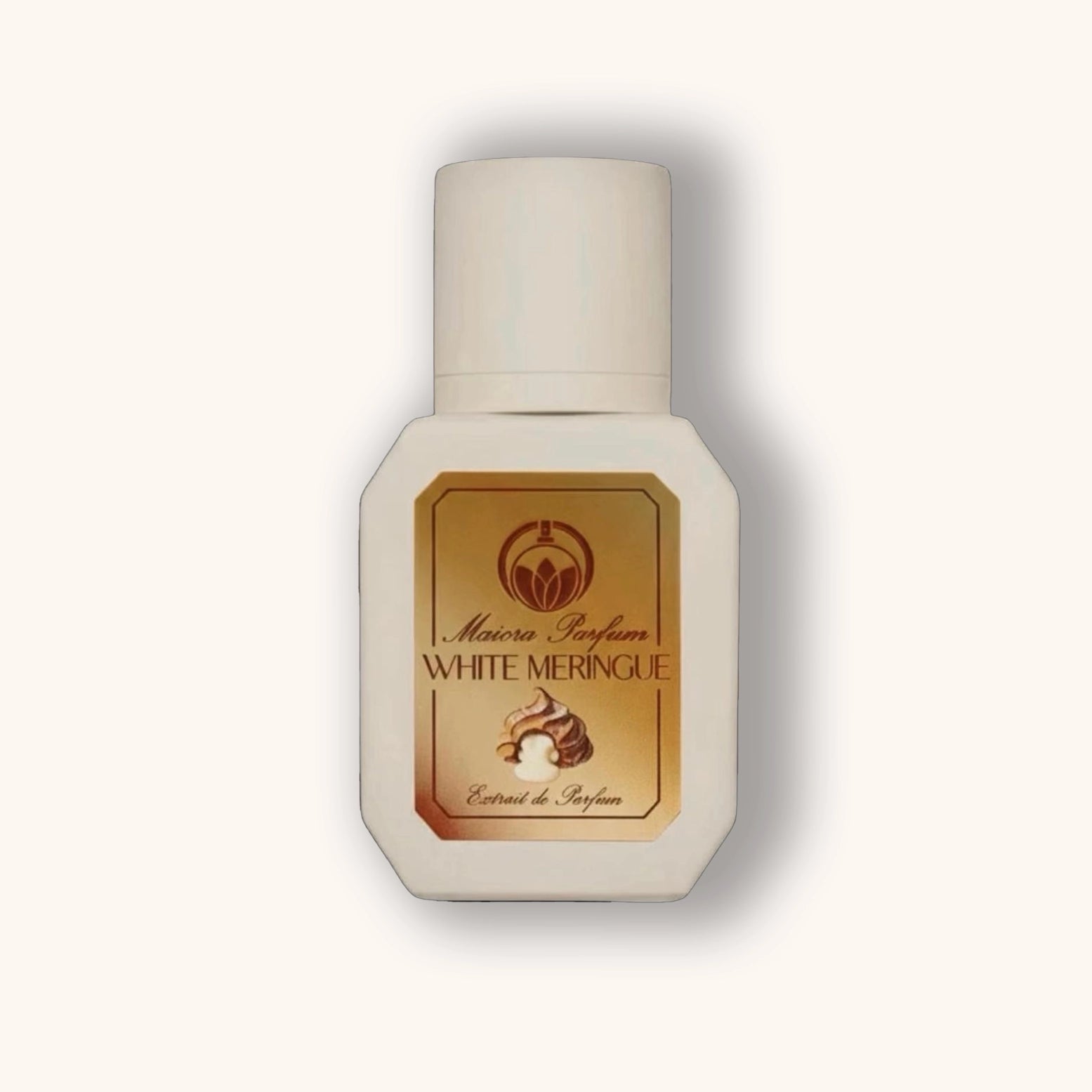 Perfume bottle labeled 'White Meringue' by Maitre Parfum on a white background