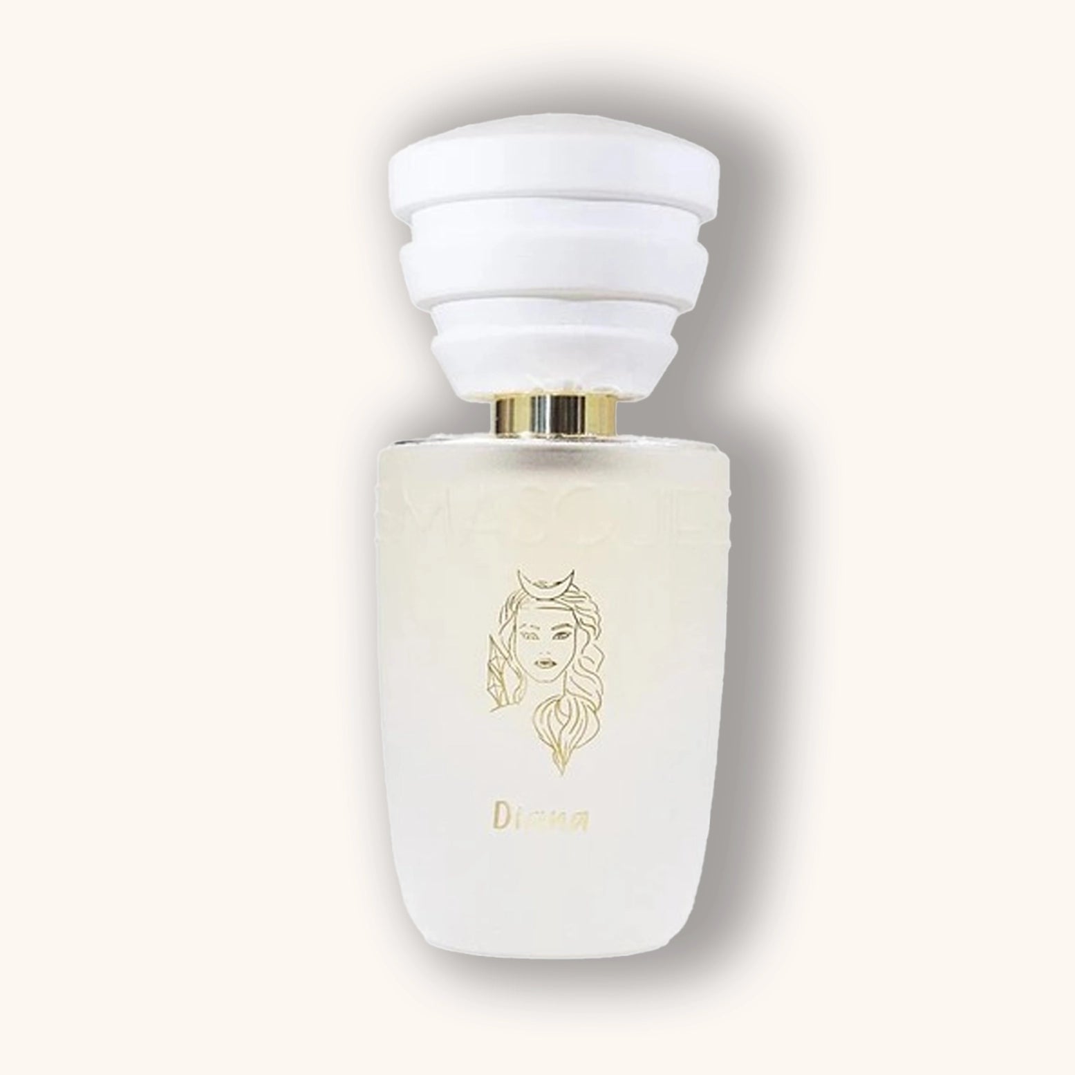 White perfume bottle with gold accents on a white background