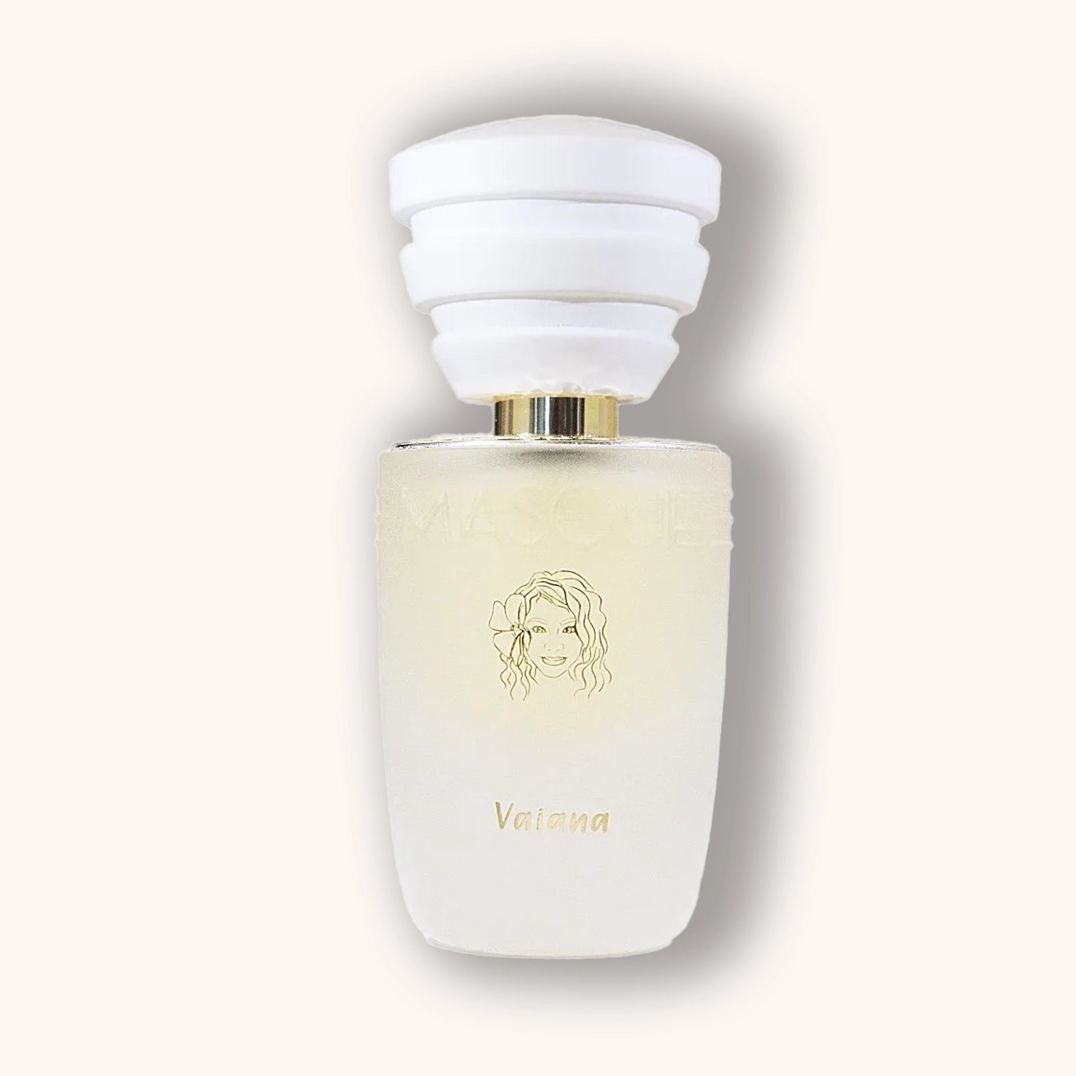 White perfume bottle with a gold cap on a white background