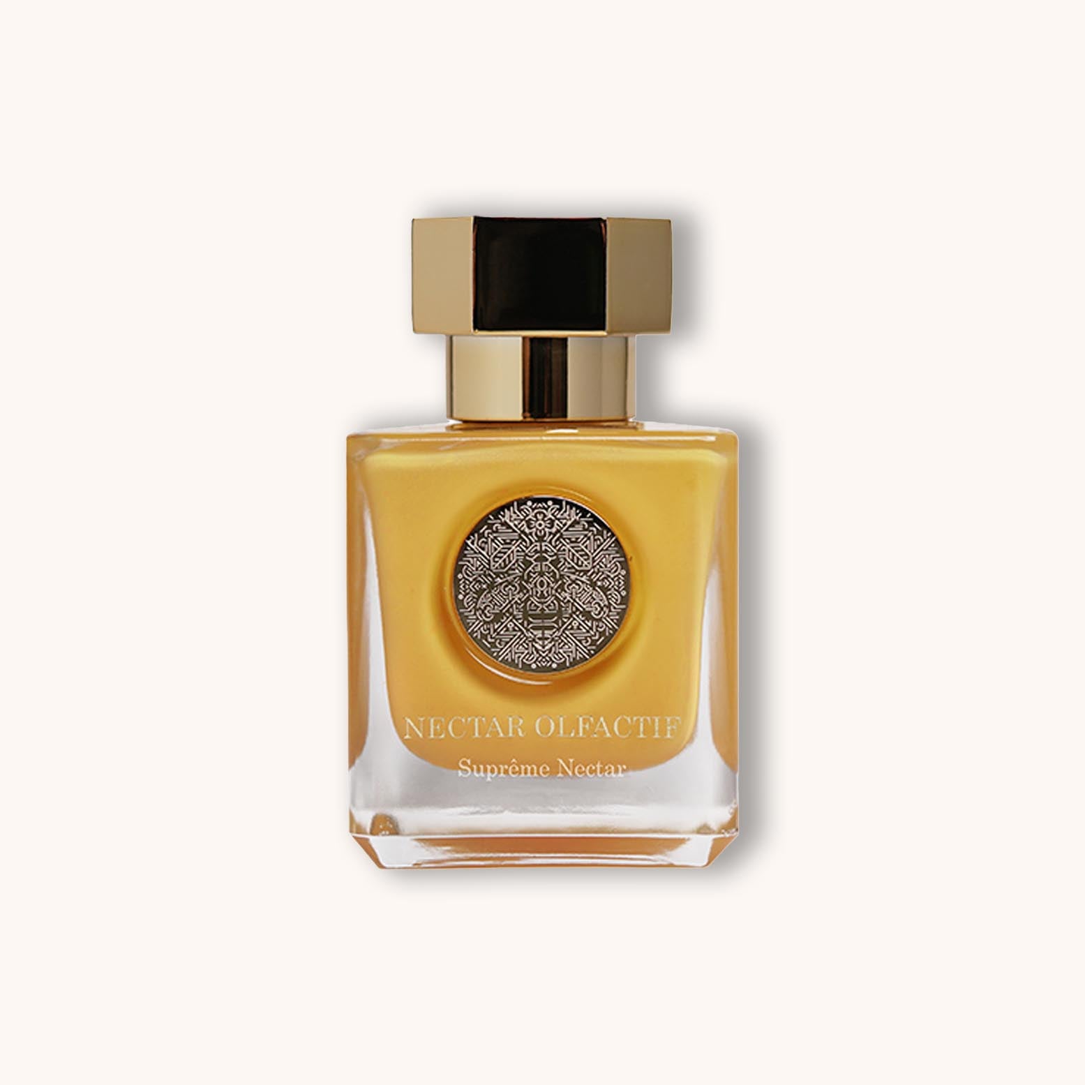 A luxurious bottle of Nectar Olfactif SuprĆŖme Nectar, featuring an elegant design with a golden cap and intricate detailing on the label. The warm amber liquid inside glistens, promising a captivating fragrance experience.