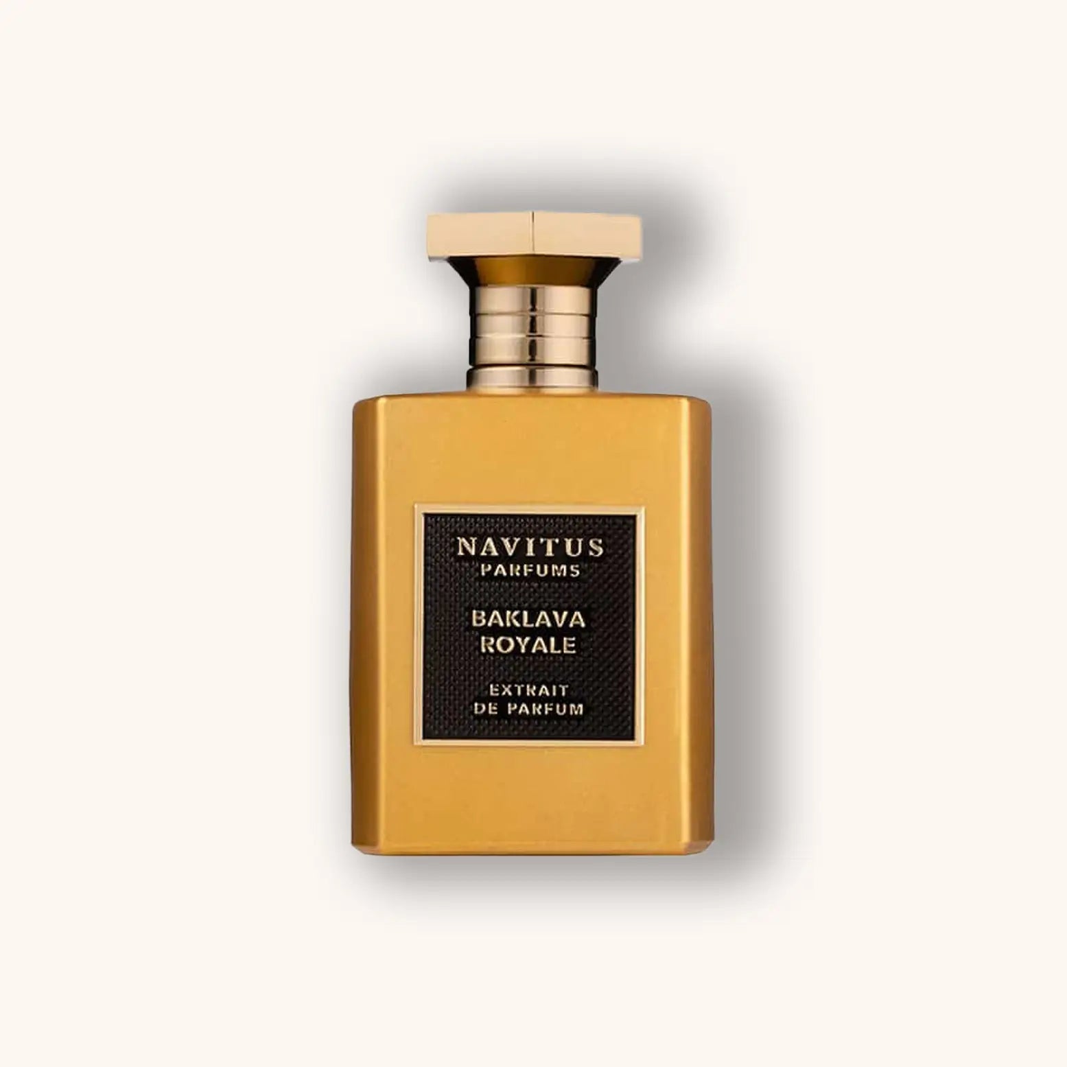 Navitus Parfums Baklava Royale Extrait de Parfum – intriguing and alluring gourmand fragrance in a yellow golden bottle with gold details.