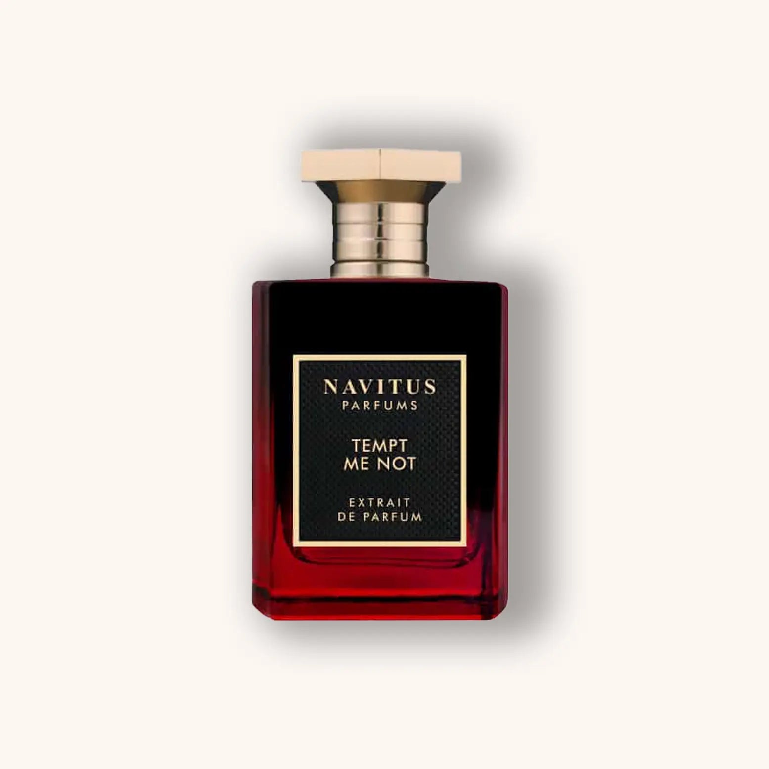 Navitus Parfums Tempt me Not Extrait de Parfum – Sweet toffee and musky fragrance in a elegant red bottle with gold details.