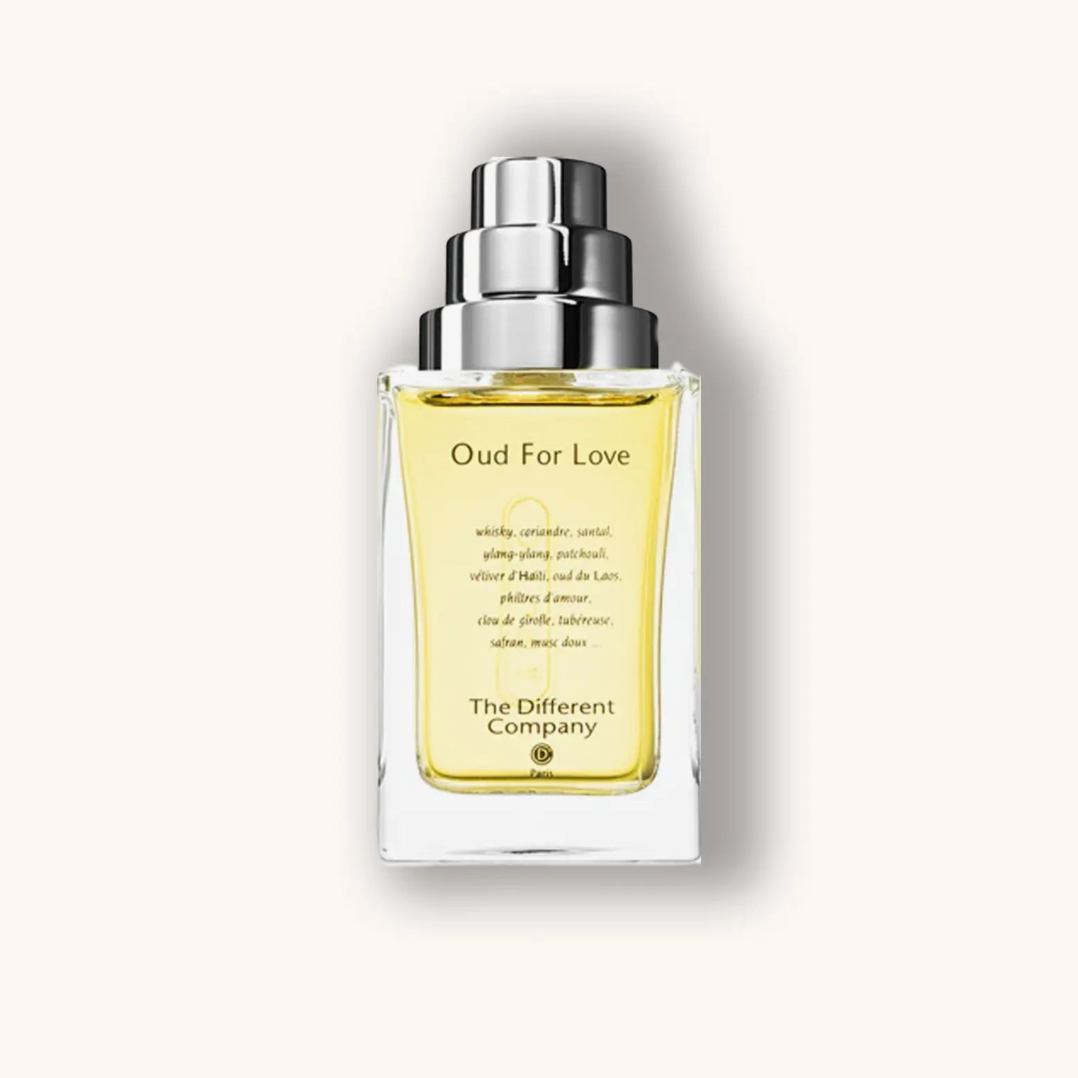 A sleek glass bottle of "Oud For Love" by The Different Company, featuring a silver cap and a golden liquid inside. The elegant design reflects the luxurious nature of the fragrance.