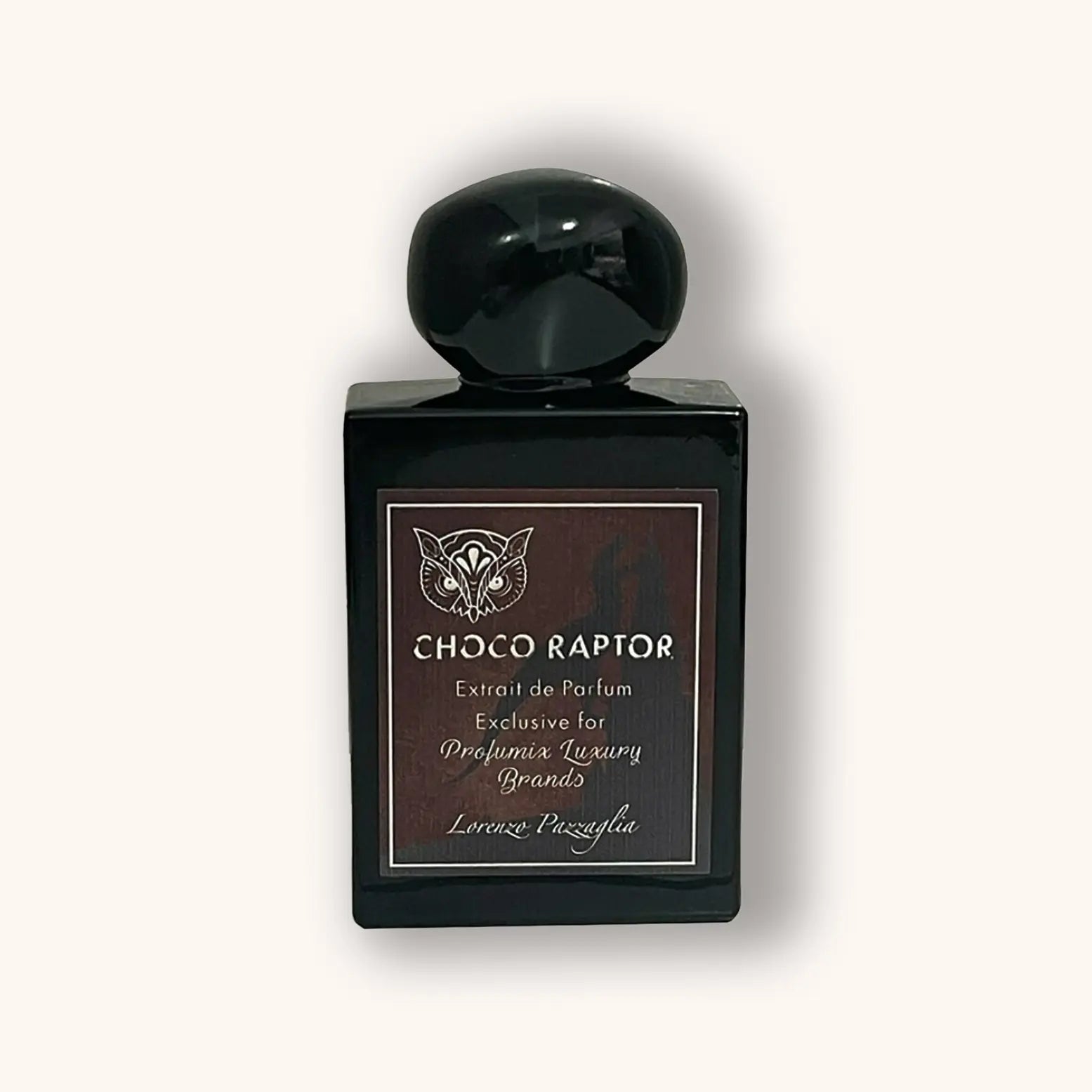Alt text: "Lorenzo Pazzaglia Choco Raptor Extrait de Parfum in a sleek black bottle featuring a wooden label design, showcasing an exclusive scent from Prophila Luxury Brands."