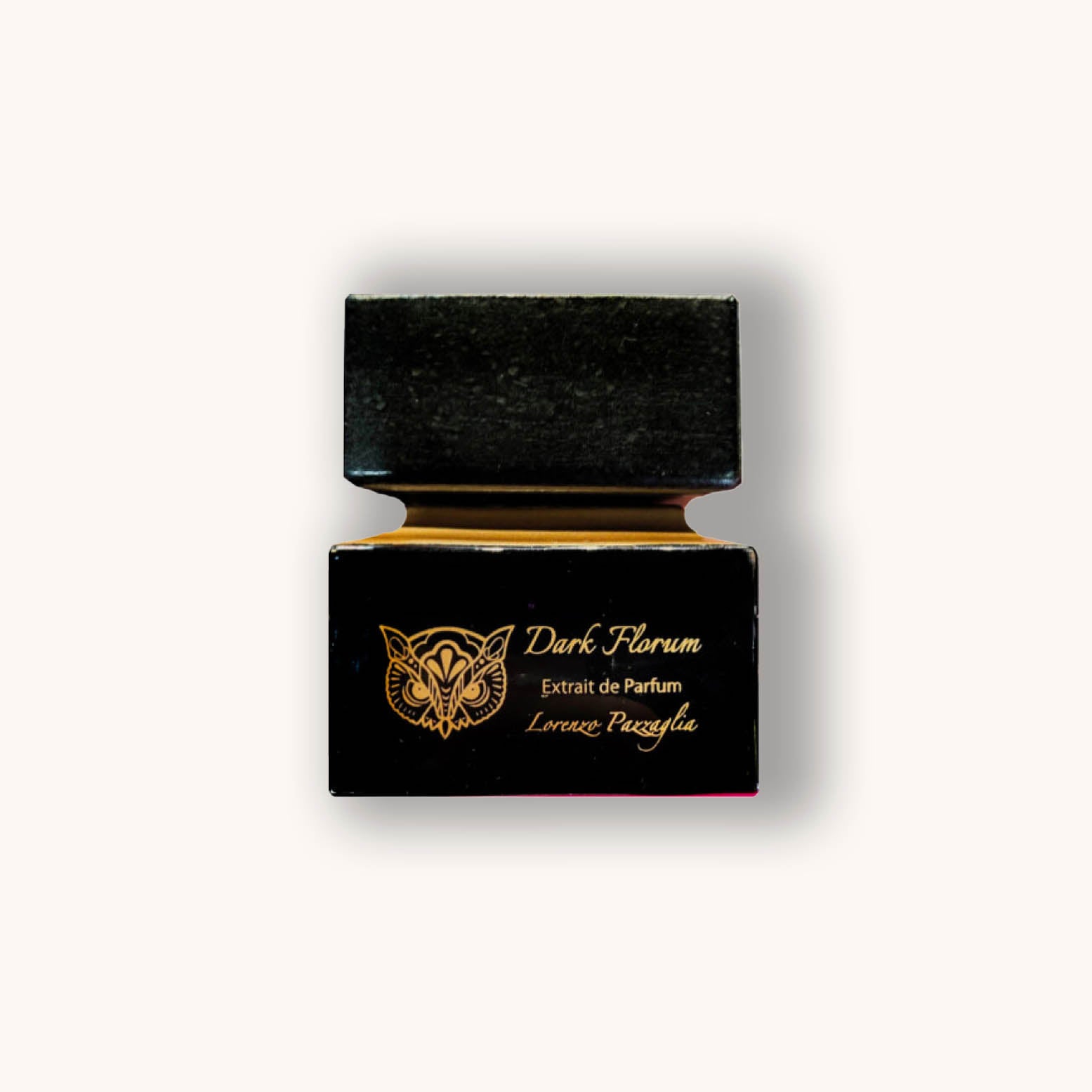Alt text: A luxurious black parfum bottle labeled "Dark Florum" by Lorenzo Pazzaglia, featuring elegant gold accents and a unique butterfly design on the front.