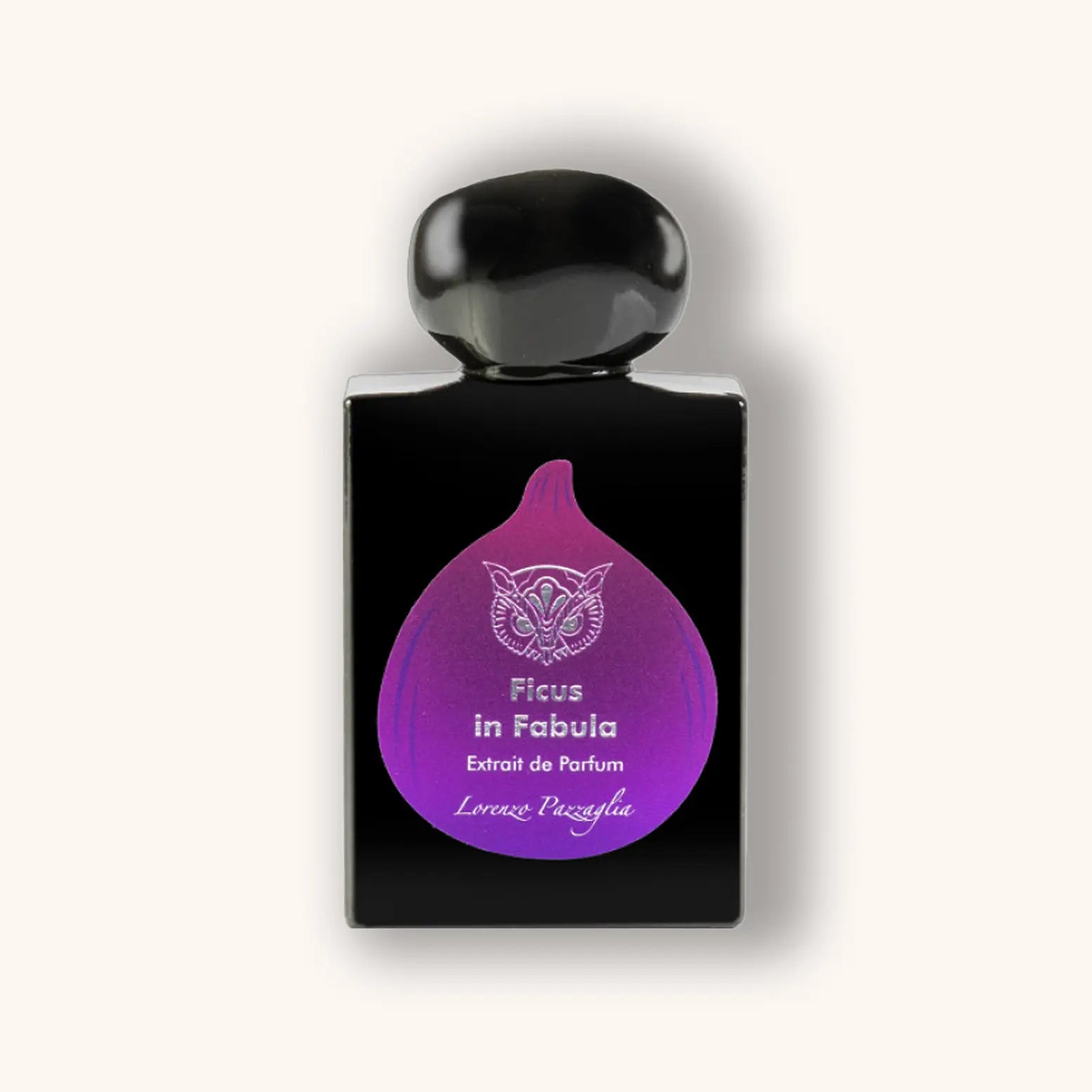A sleek black perfume bottle featuring a purple fig silhouette and the name "Ficus in Fabula" by Lorenzo Pazzaglia. The design is elegant and modern, reflecting the fragrance's unique essence.