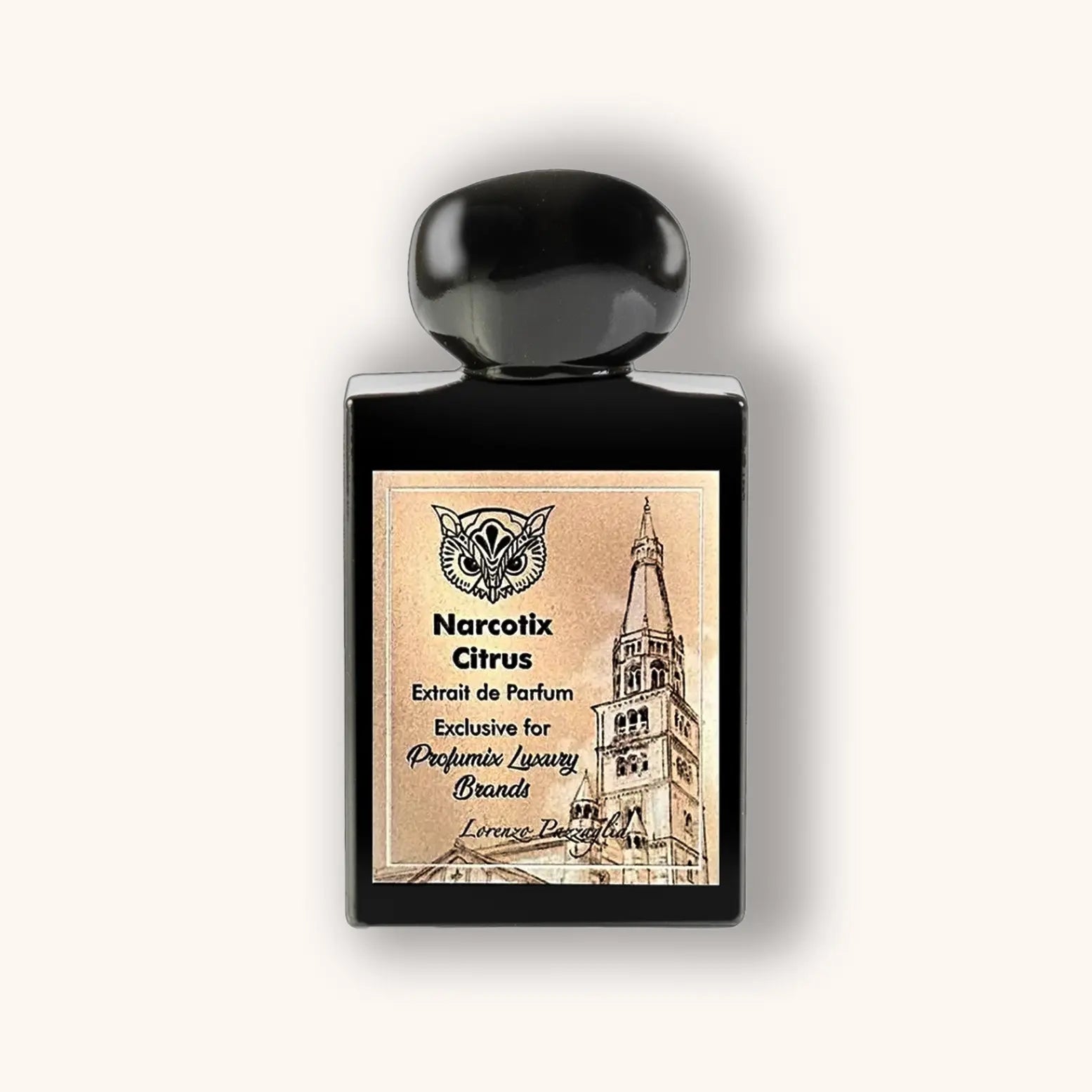 A sleek black perfume bottle of Lorenzo Pazzaglia Narcotix Citrus, featuring an elegant label with a depiction of a tower and the text "Extrait de Parfum." The design exudes luxury, emphasizing its exclusive status for Prolifique Luxury Brands.