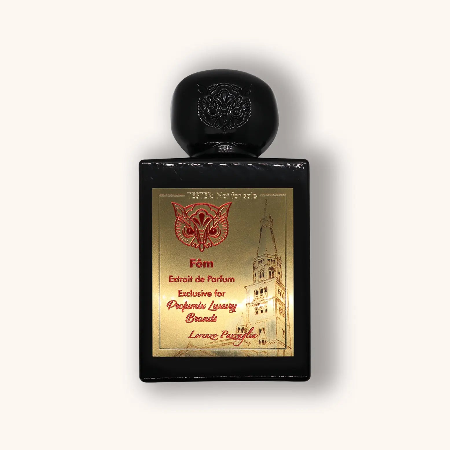 Alt text: A sleek black bottle of Lorenzo Pazzaglia Fôm Extrait de Parfum, featuring a gold label with an ornate design and an illustration of a tower, showcasing its exclusivity for Perfumes Luxury Brands.